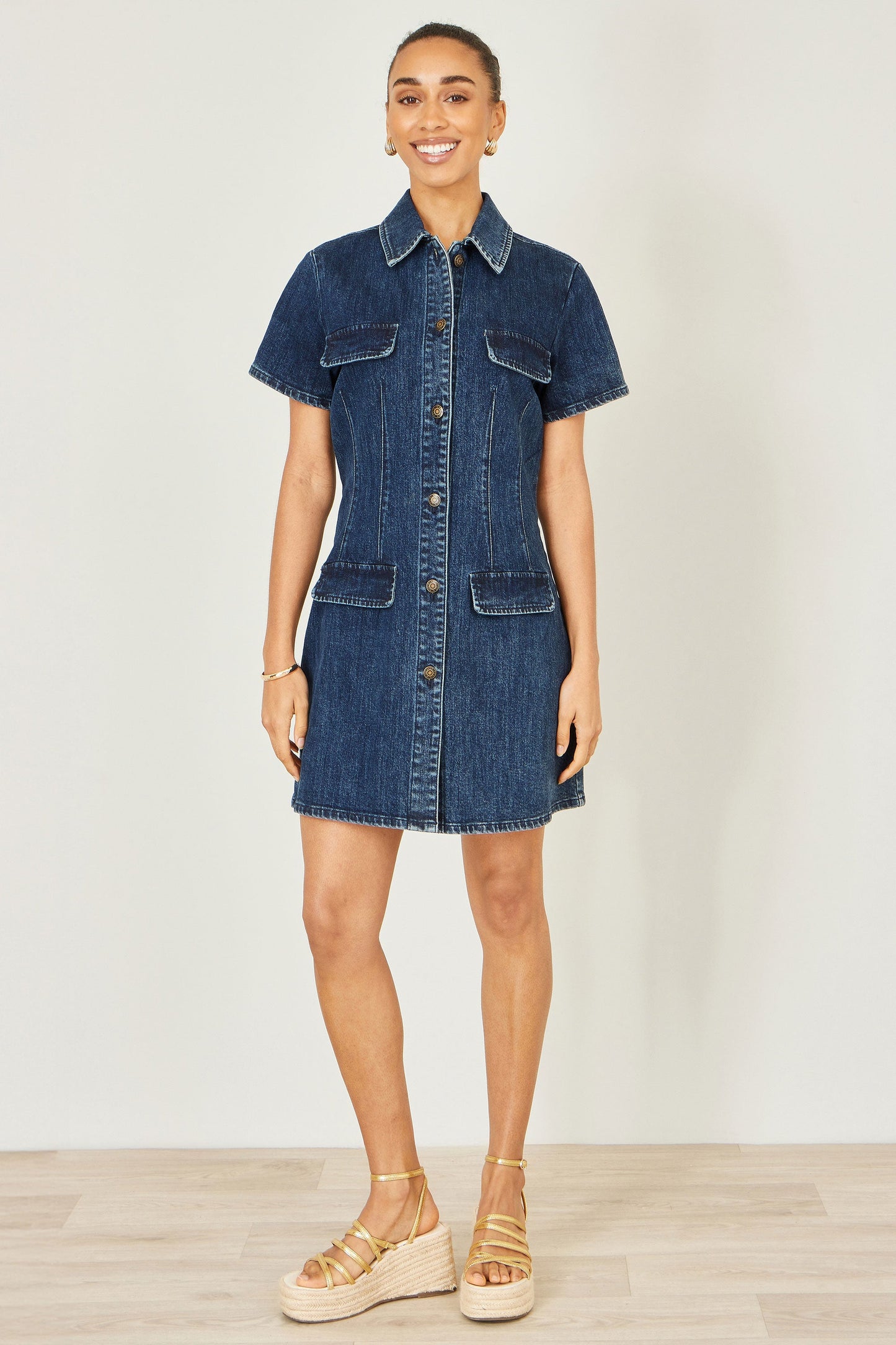 Blue Denim Short Sleeve Stretch Shirt Dress