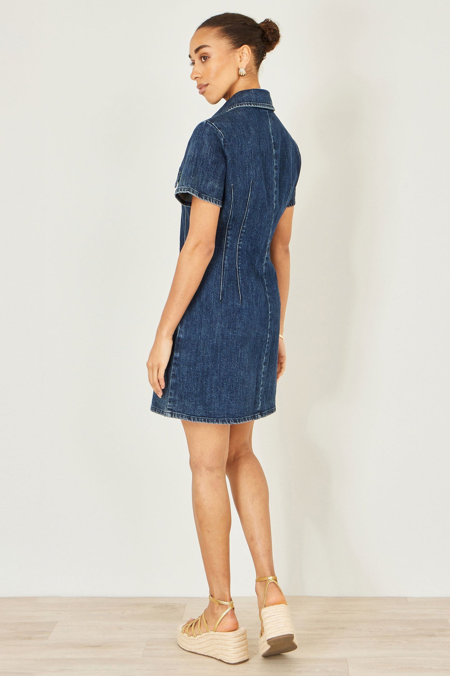 Blue Denim Short Sleeve Stretch Shirt Dress