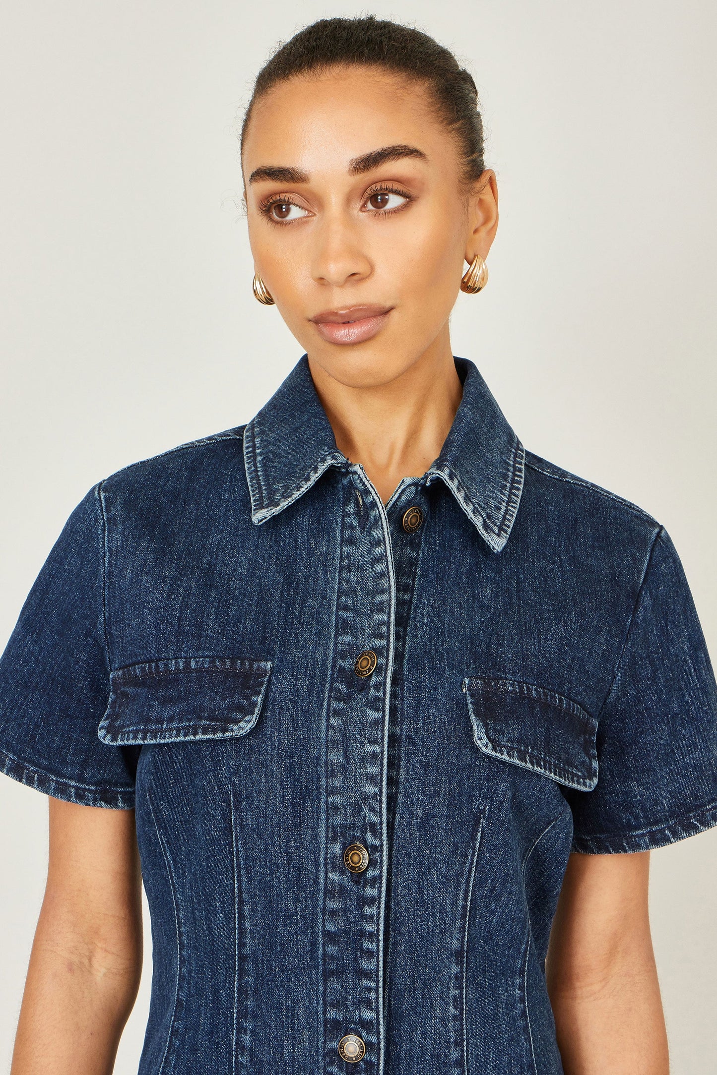 Blue Denim Short Sleeve Stretch Shirt Dress