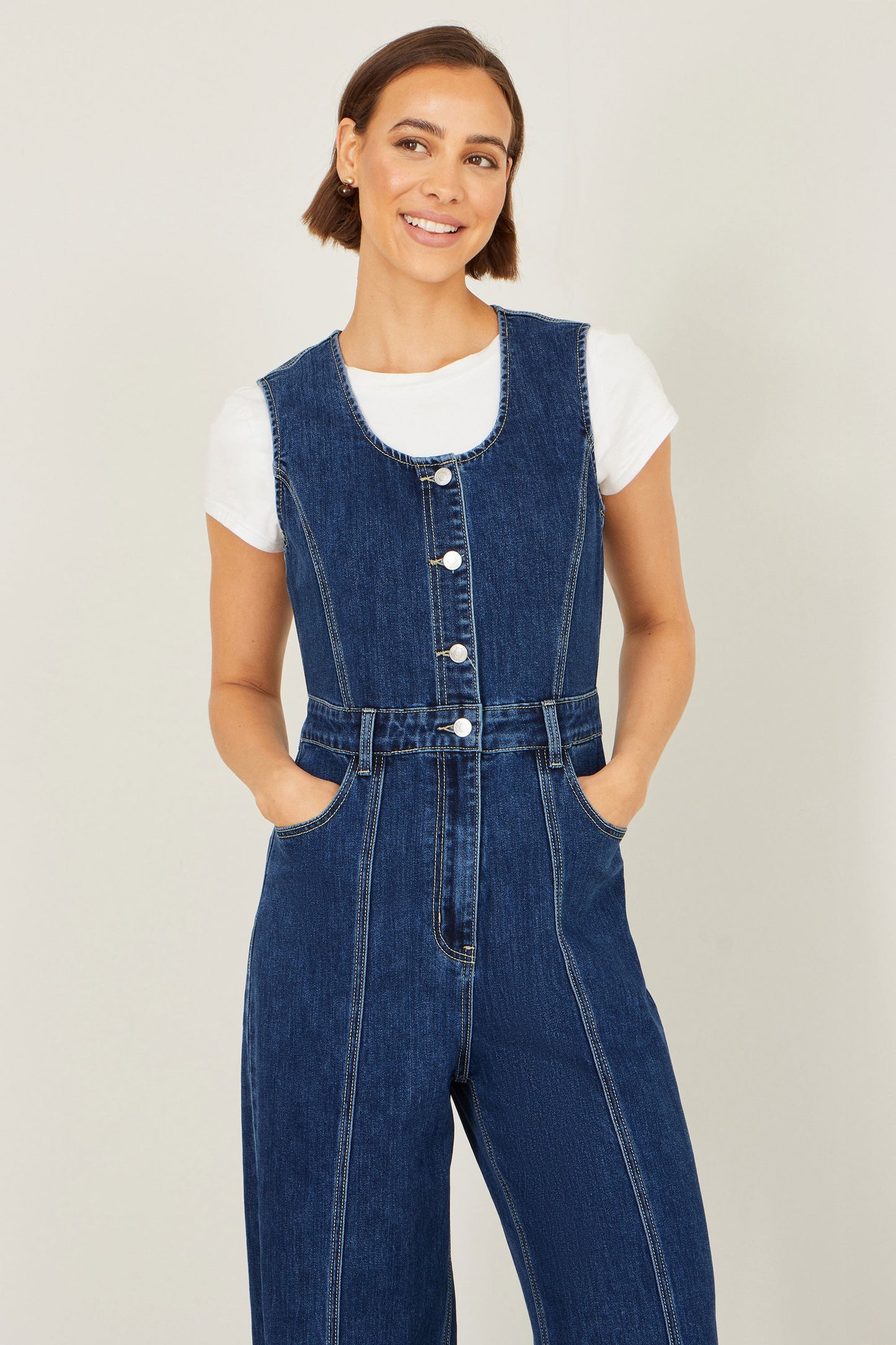 Blue Denim Stretch Fitted Jumpsuit