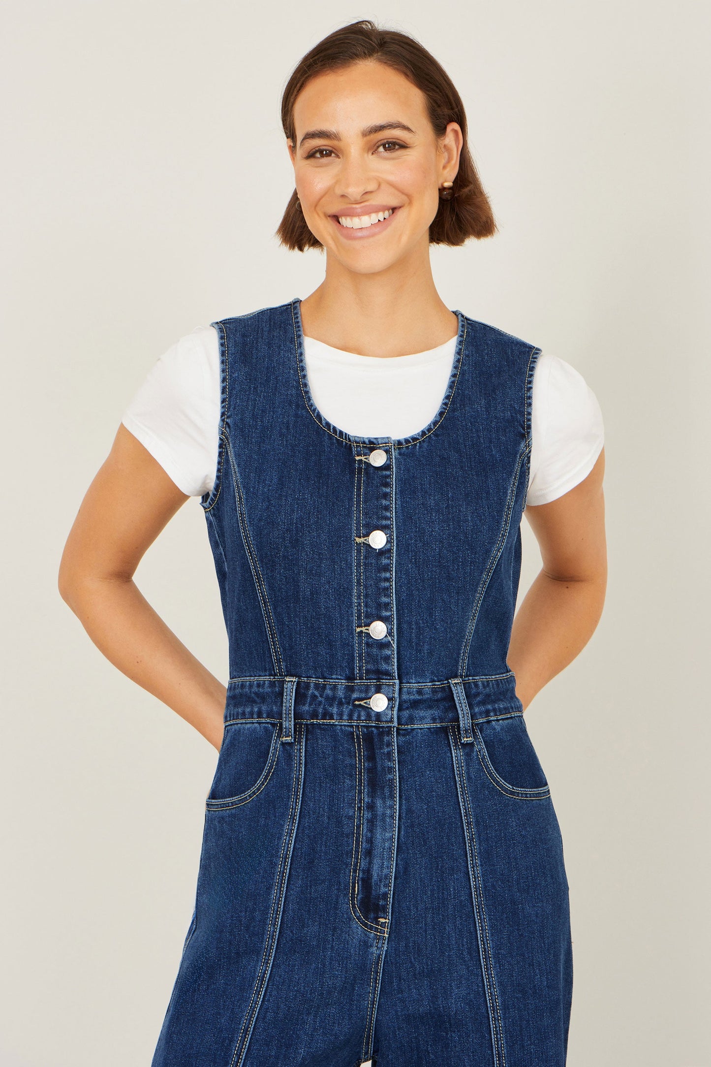 Blue Denim Stretch Fitted Jumpsuit