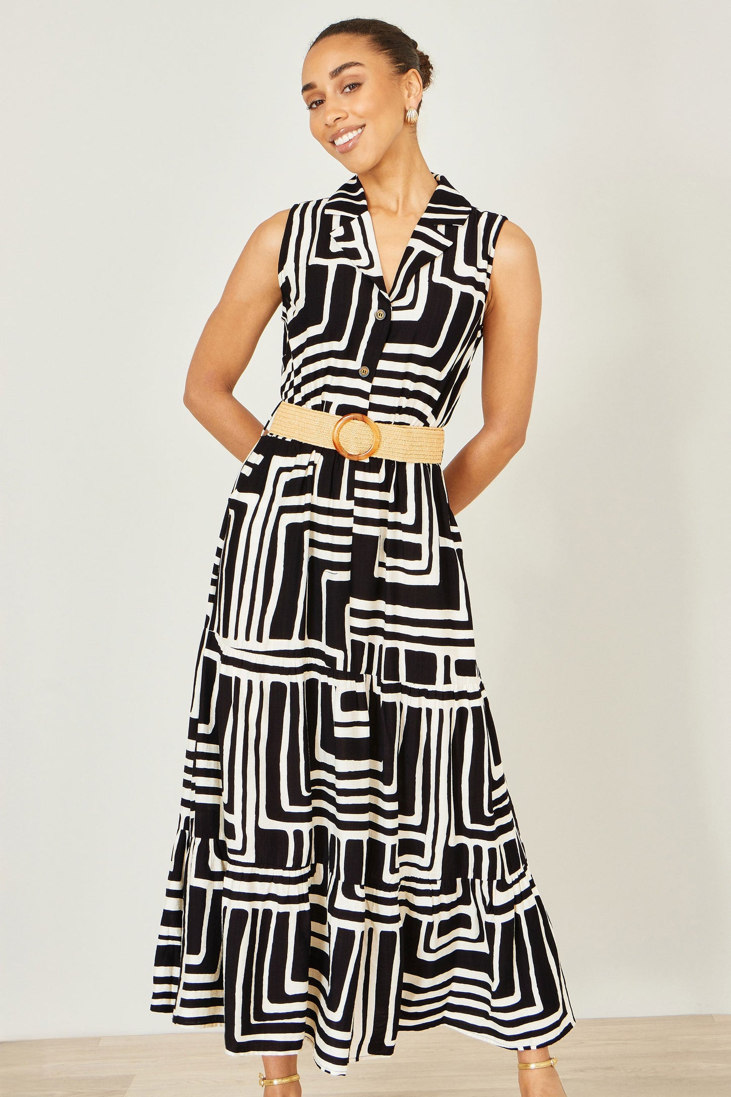 Black Viscose Geo Print Midi Shirt Dress With Matching Belt
