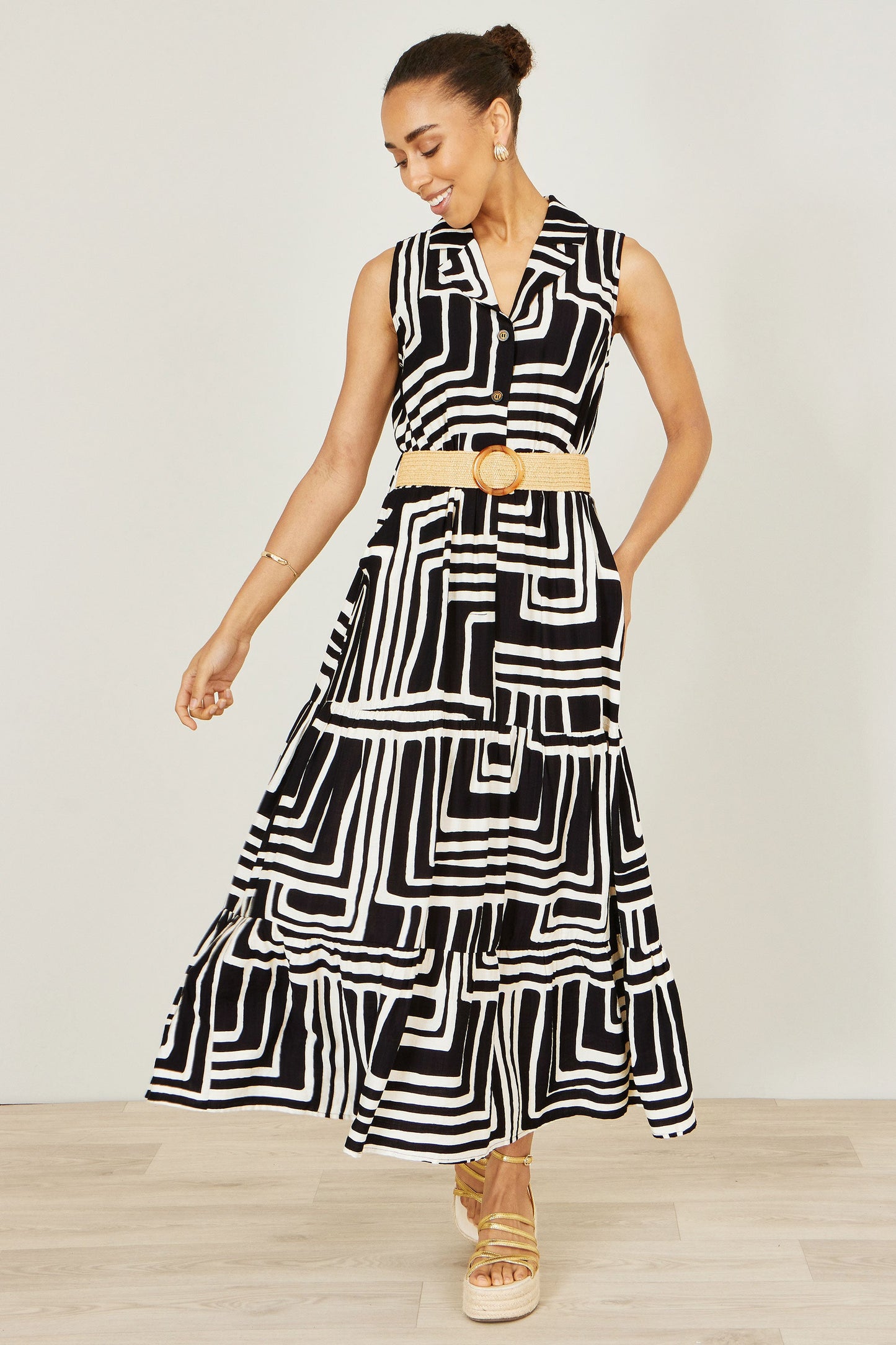 Black Viscose Geo Print Midi Shirt Dress With Matching Belt