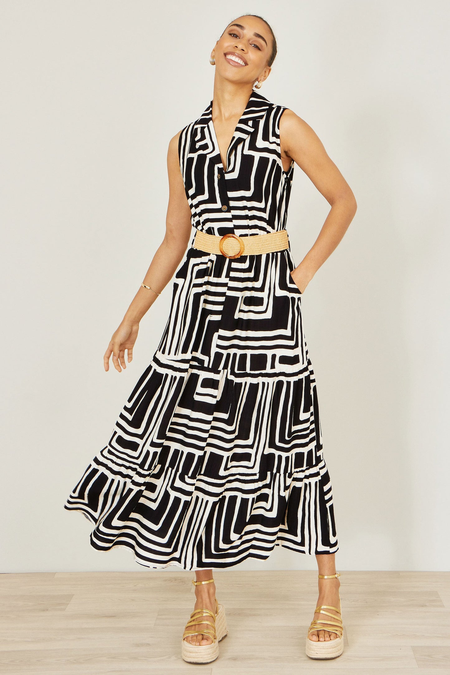 Black Viscose Geo Print Midi Shirt Dress With Matching Belt