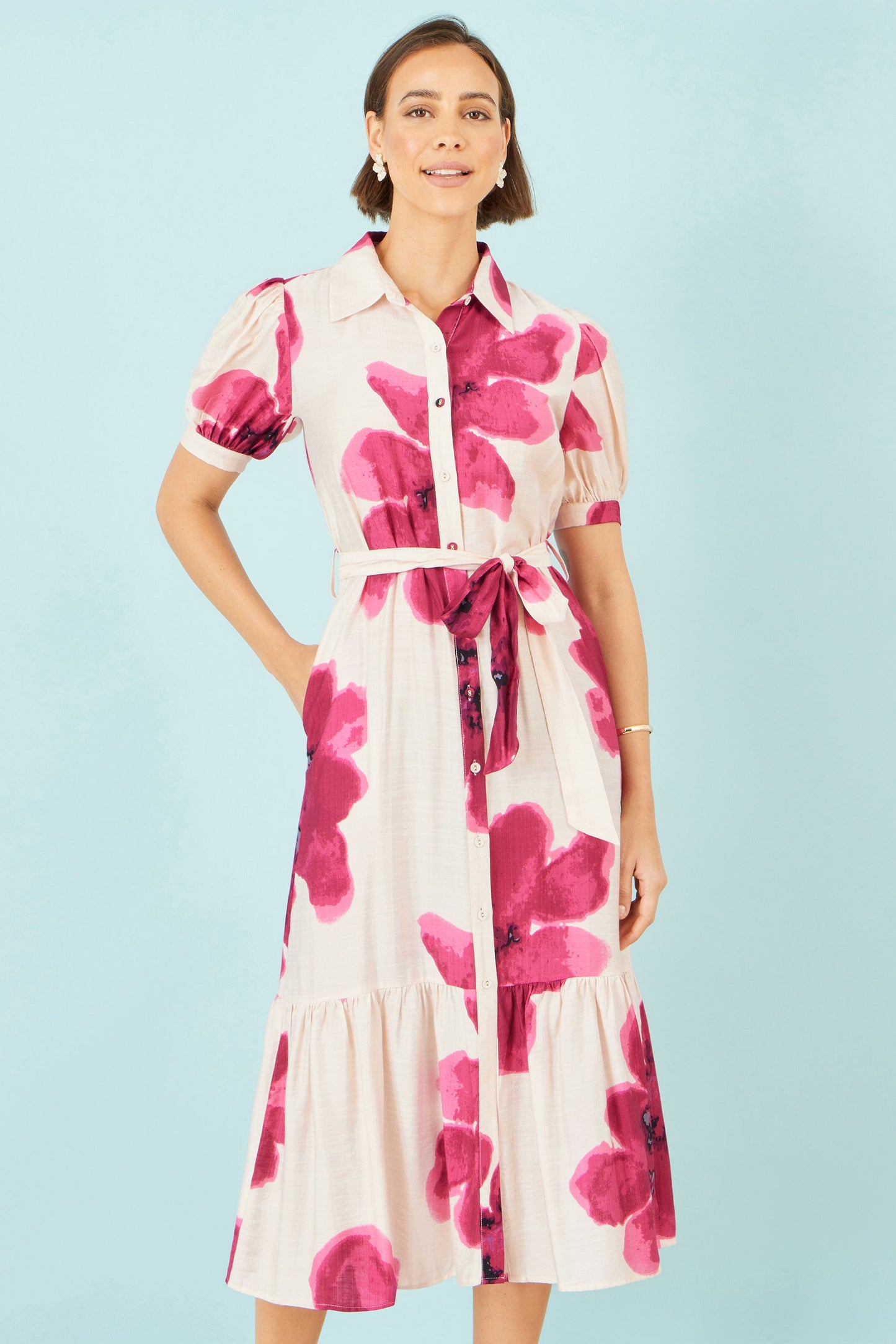 Pink Scattered Floral Shirt Dress