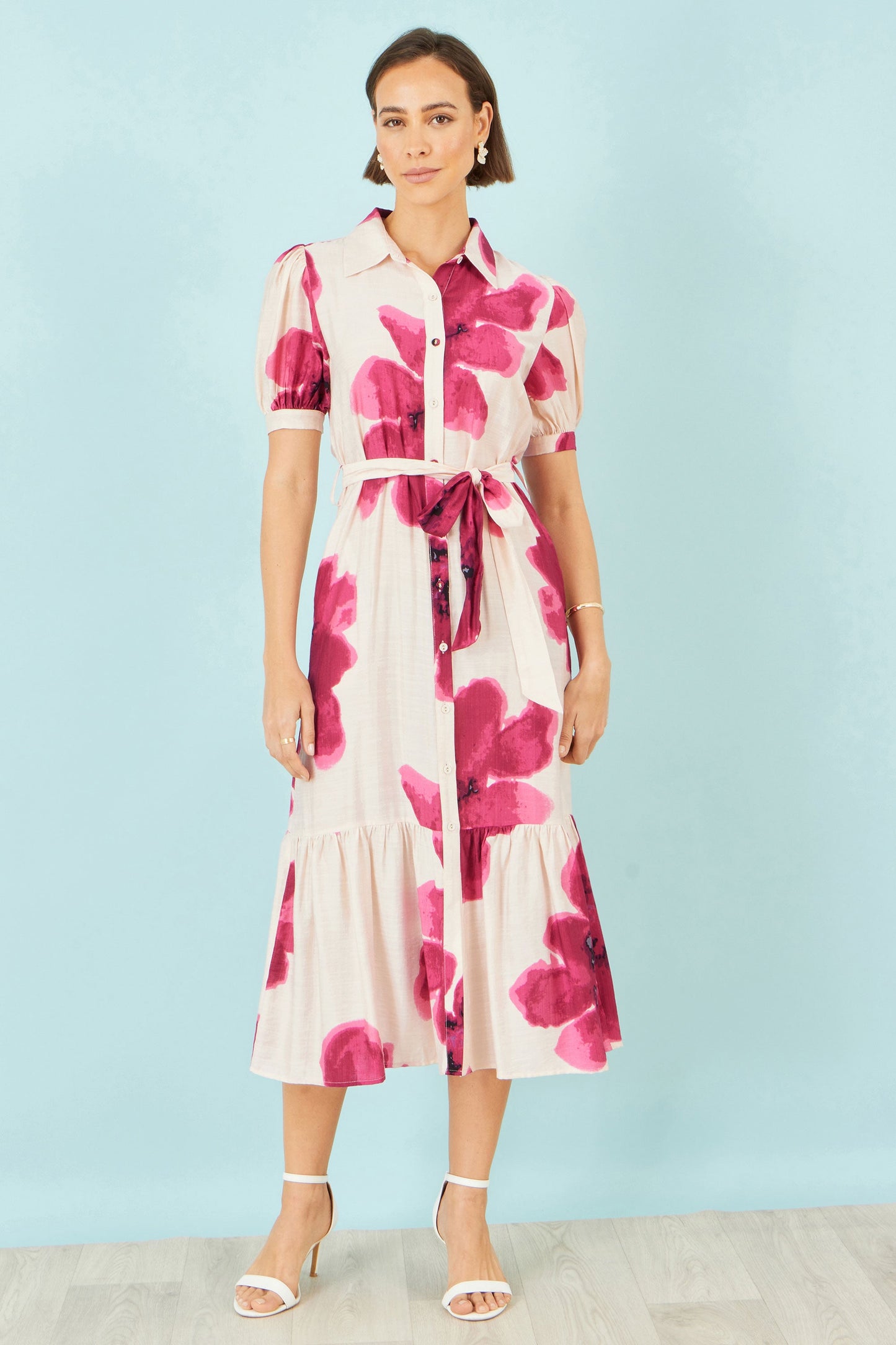 Pink Scattered Floral Shirt Dress