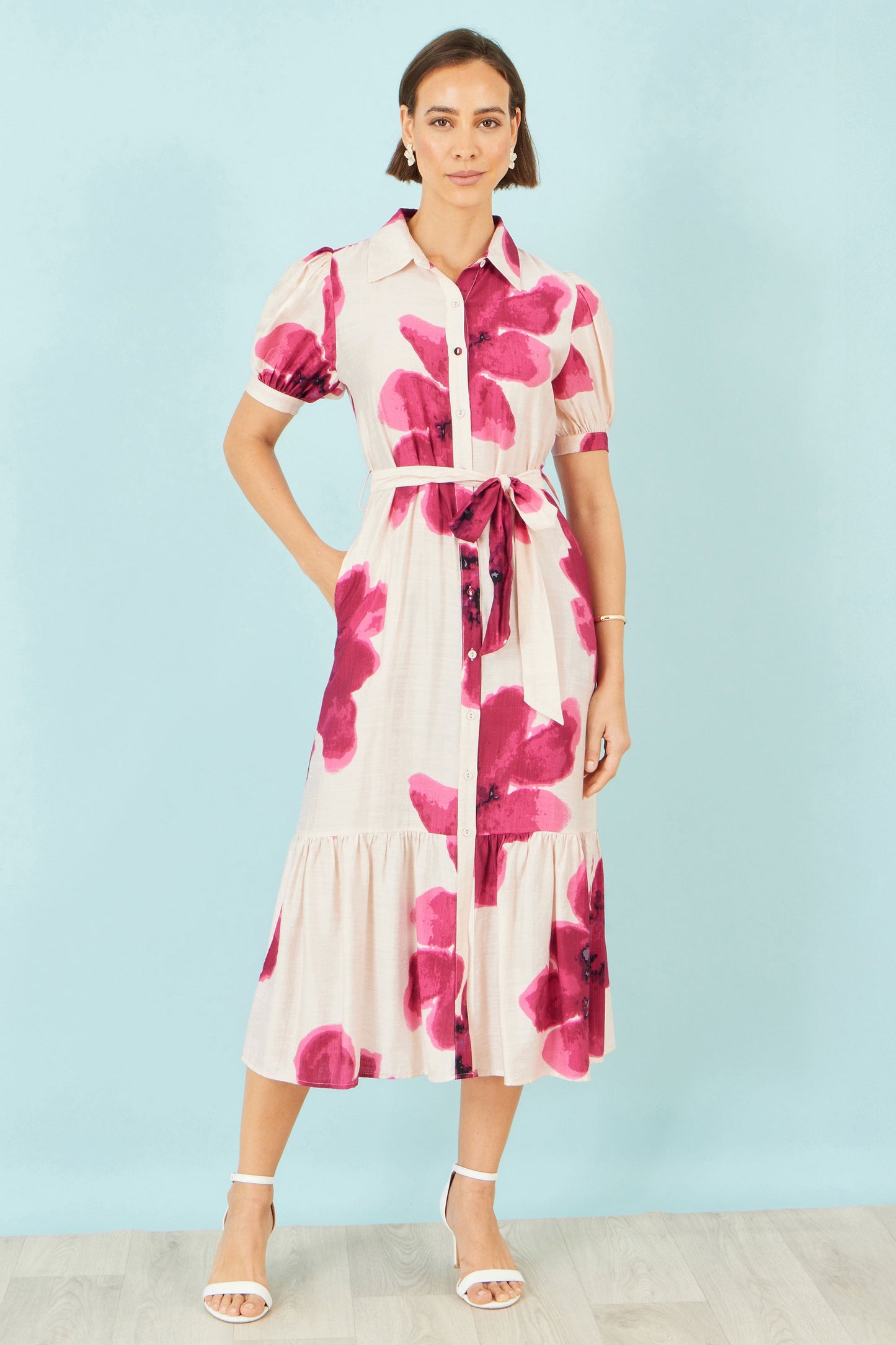 Pink Scattered Floral Shirt Dress