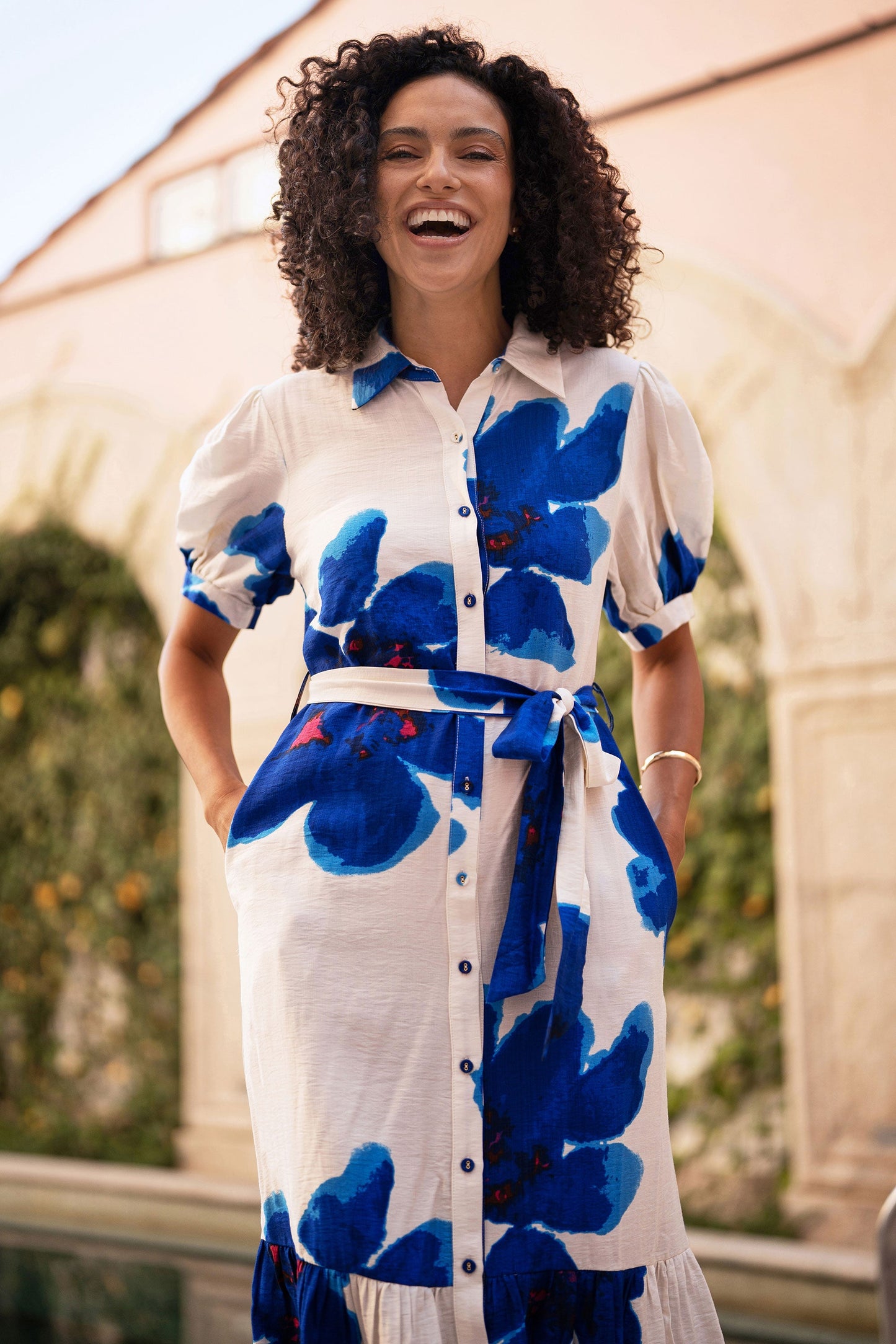 Blue Scattered Floral Shirt Dress