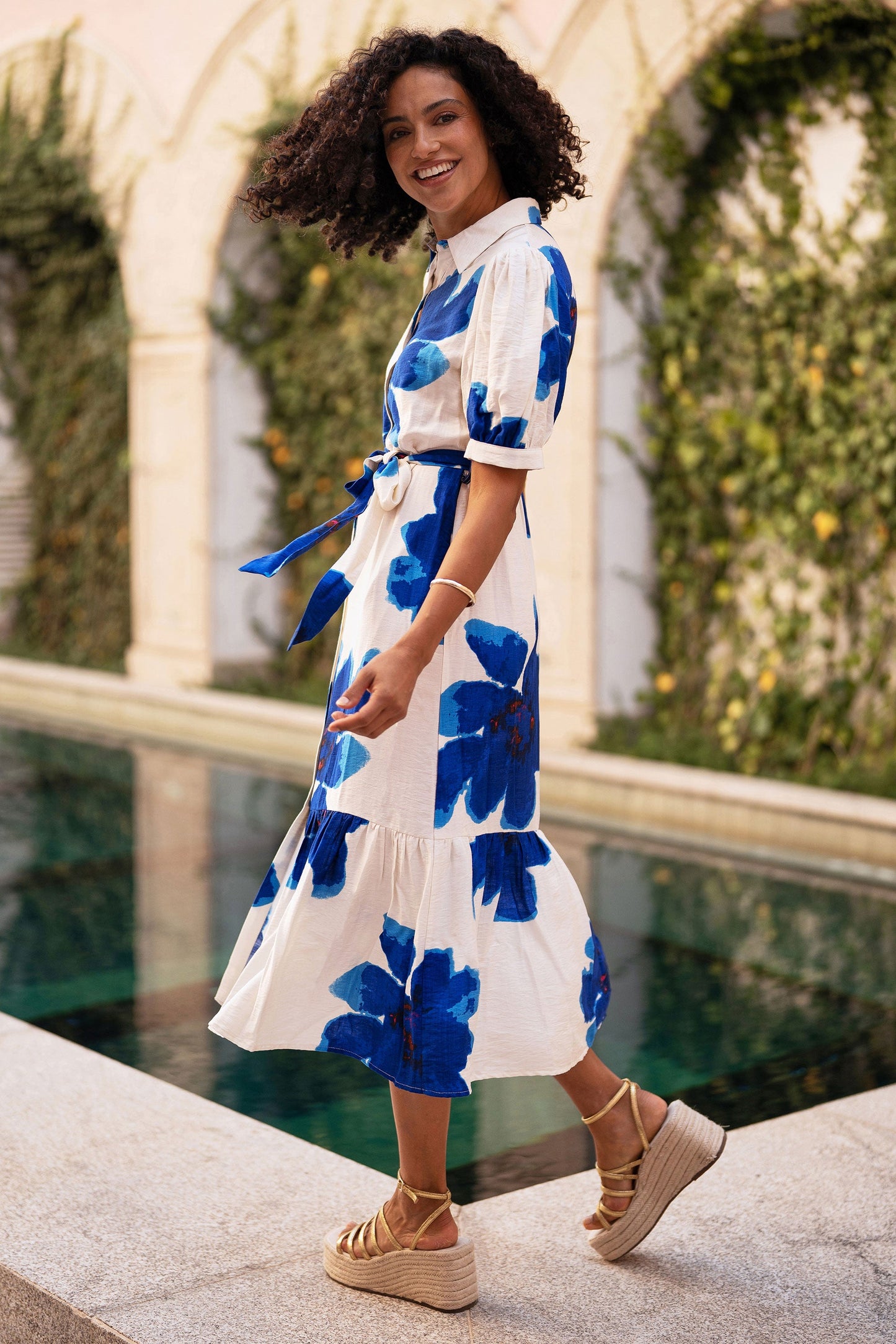 Blue Scattered Floral Shirt Dress