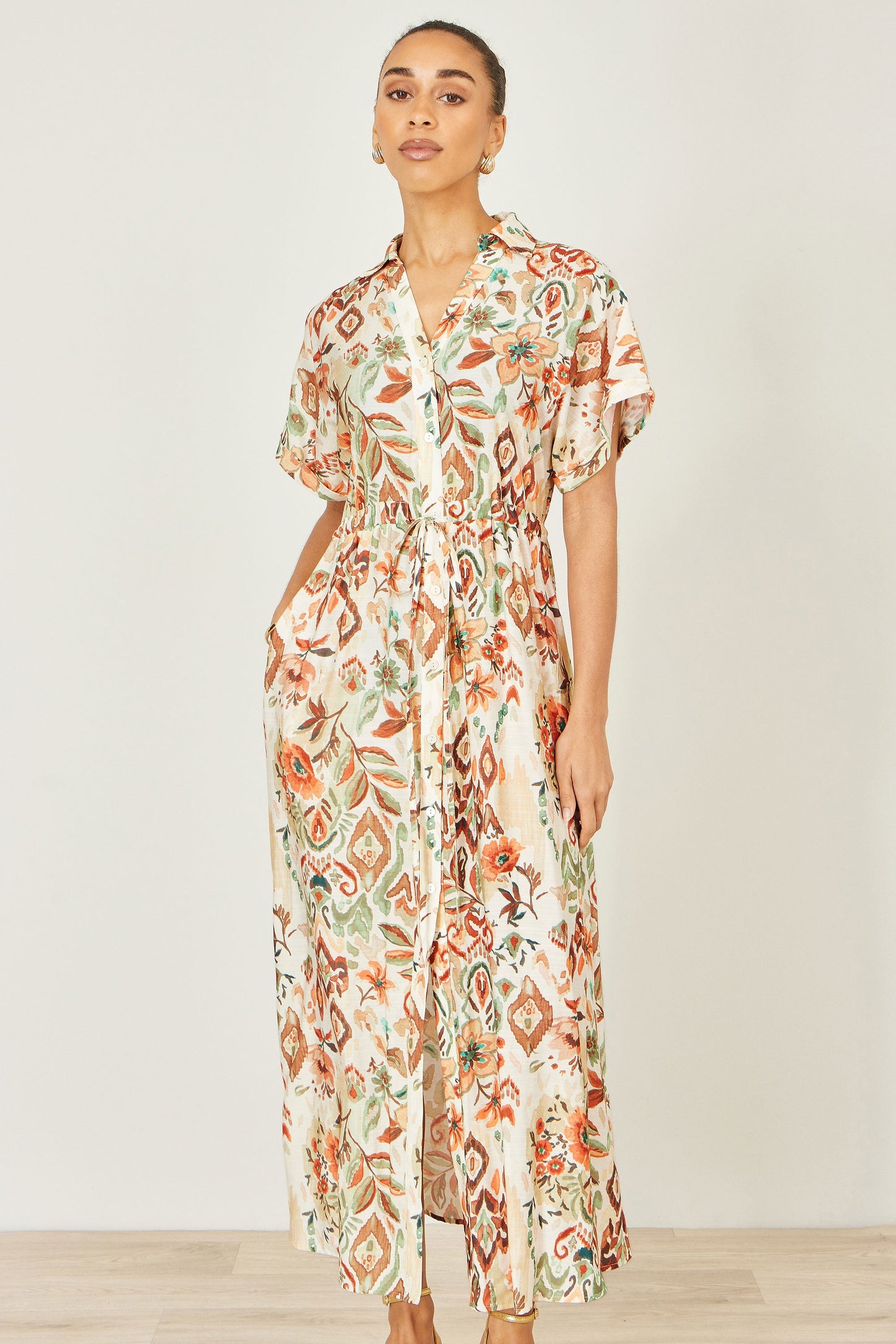 Ivory Bohemian Ikat Print Viscose Maxi Shirt Dress