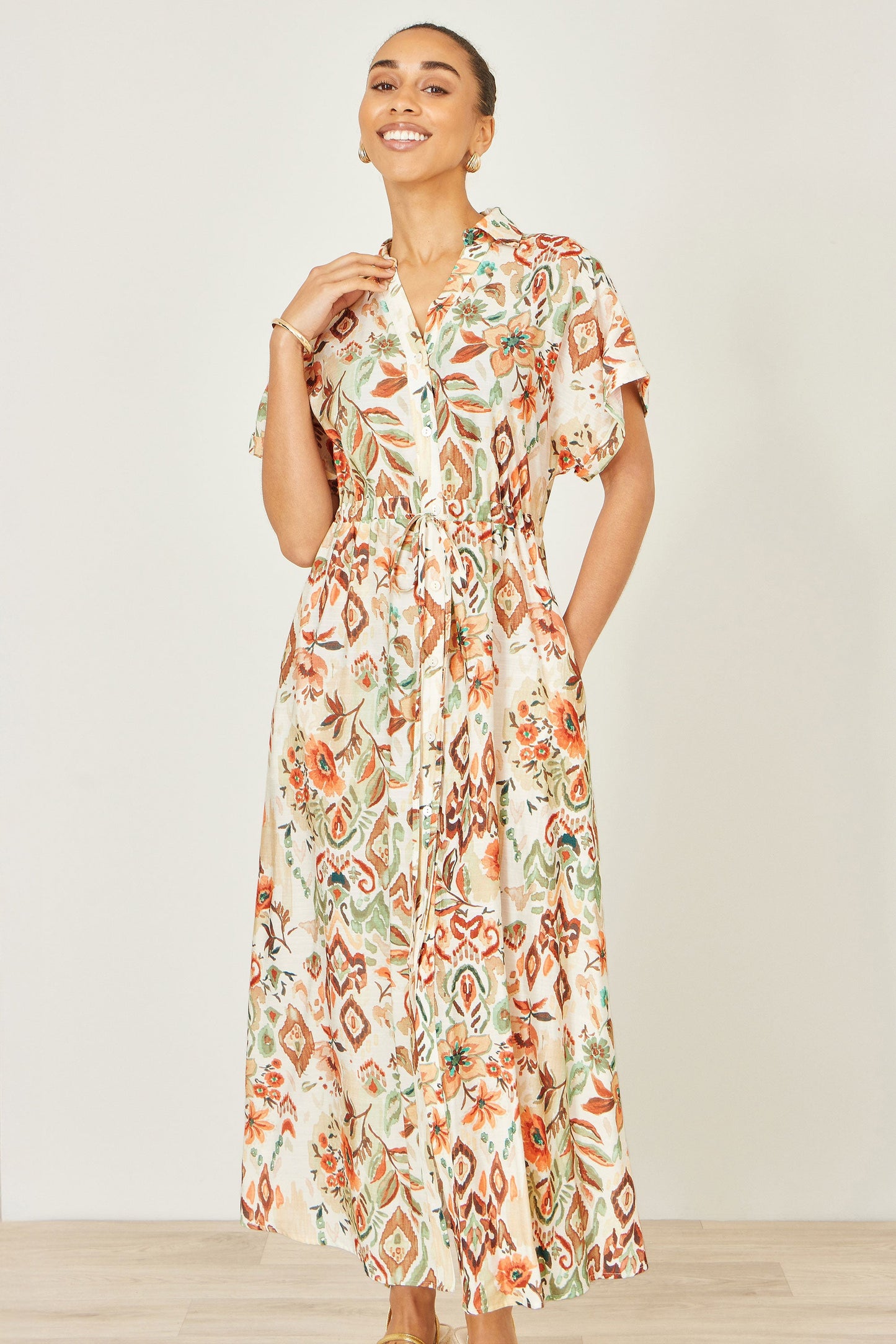 Ivory Bohemian Ikat Print Viscose Maxi Shirt Dress