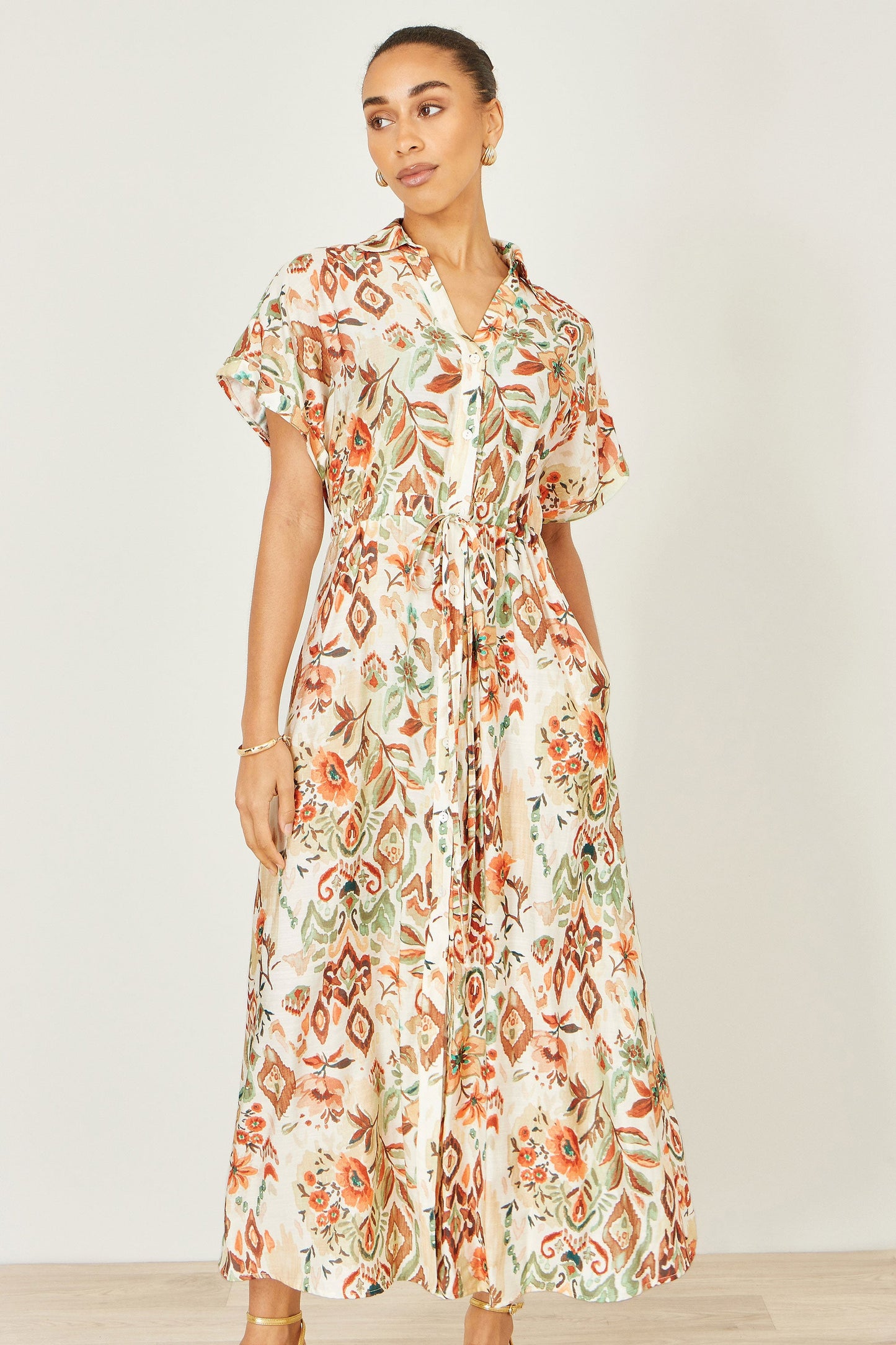 Ivory Bohemian Ikat Print Viscose Maxi Shirt Dress
