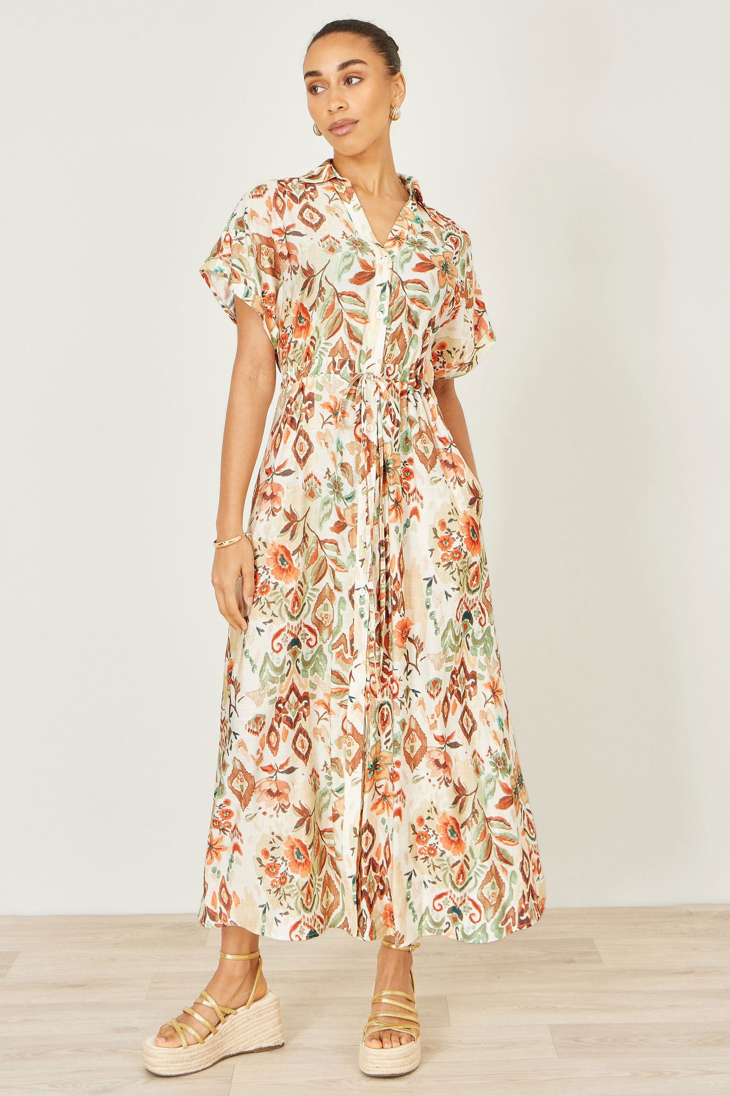 Ivory Bohemian Ikat Print Viscose Maxi Shirt Dress