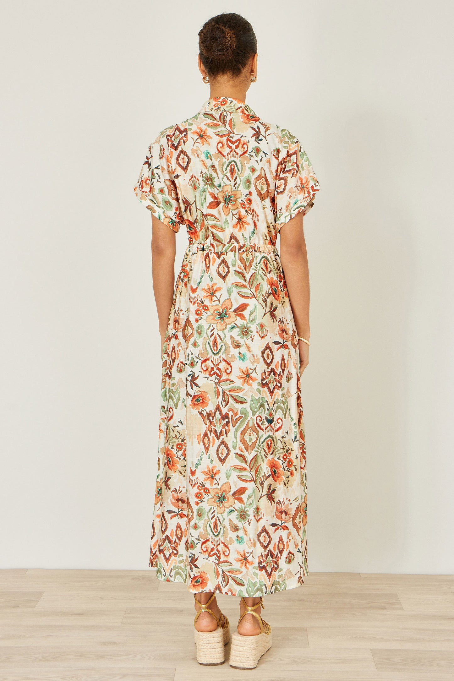 Ivory Bohemian Ikat Print Viscose Maxi Shirt Dress