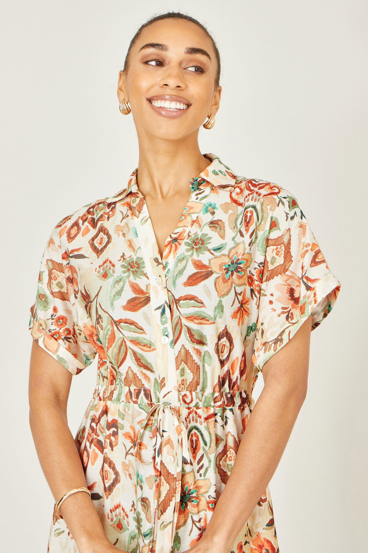 Ivory Bohemian Ikat Print Viscose Maxi Shirt Dress