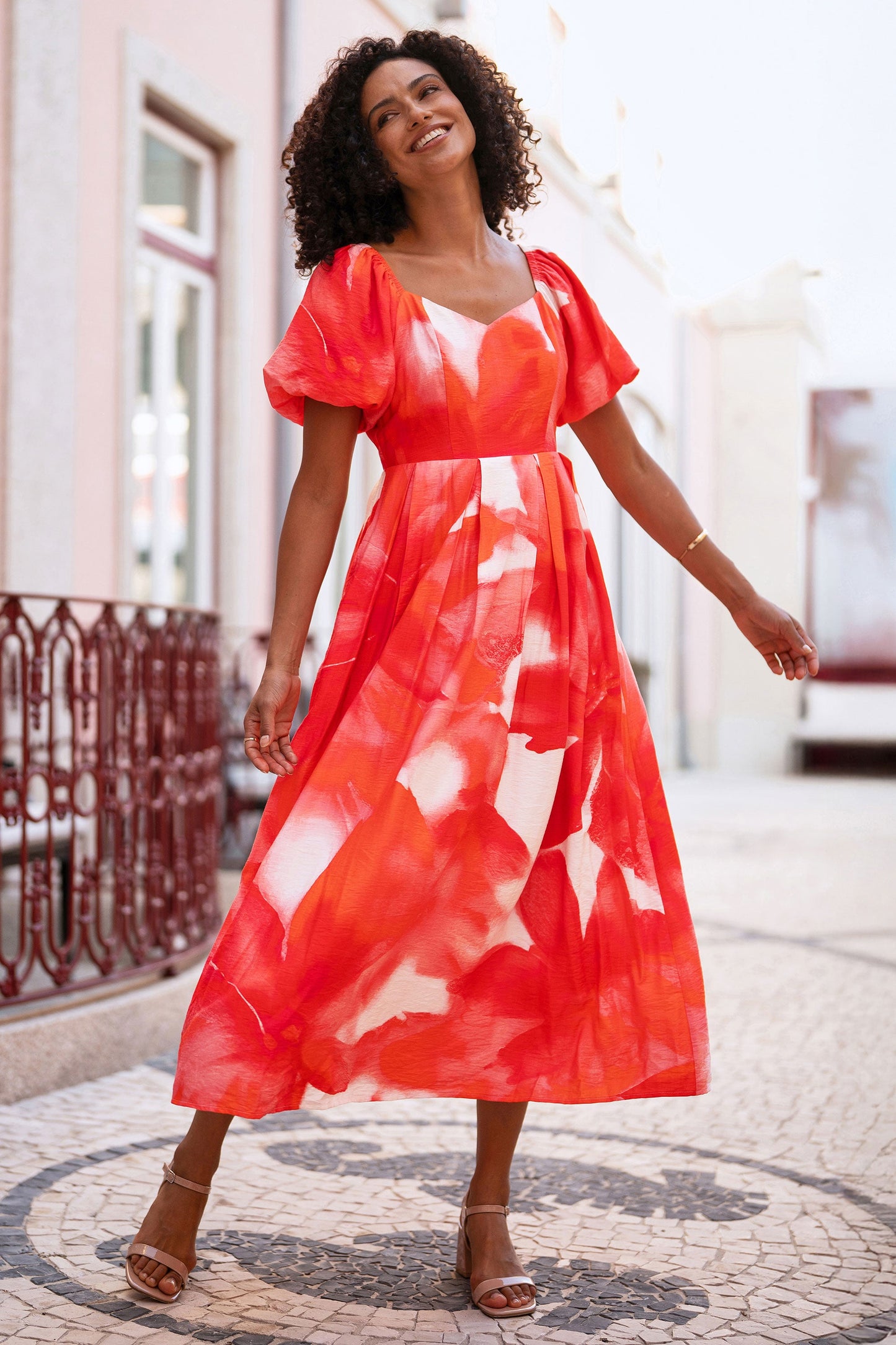 Red Viscose Floral Midi Dress With Puff Sleeves