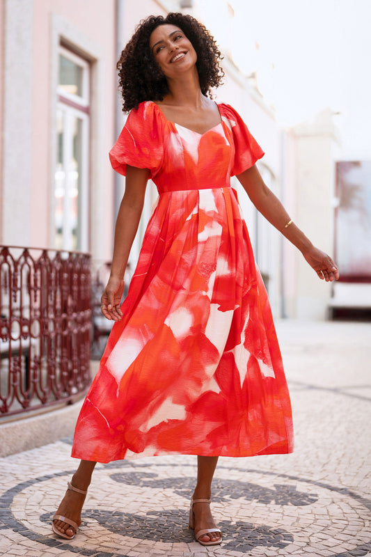 Red Viscose Floral Midi Dress With Puff Sleeves