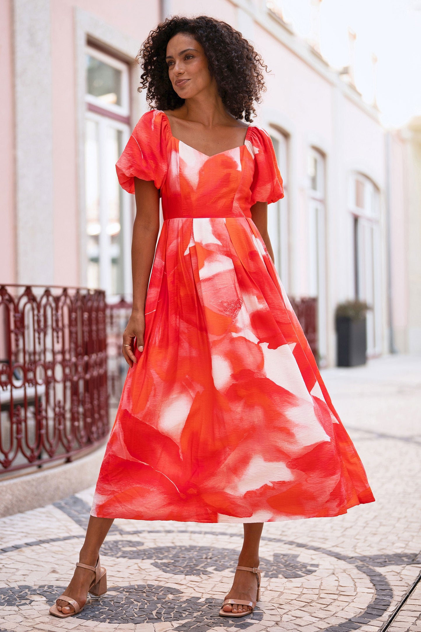 Red Viscose Floral Midi Dress With Puff Sleeves