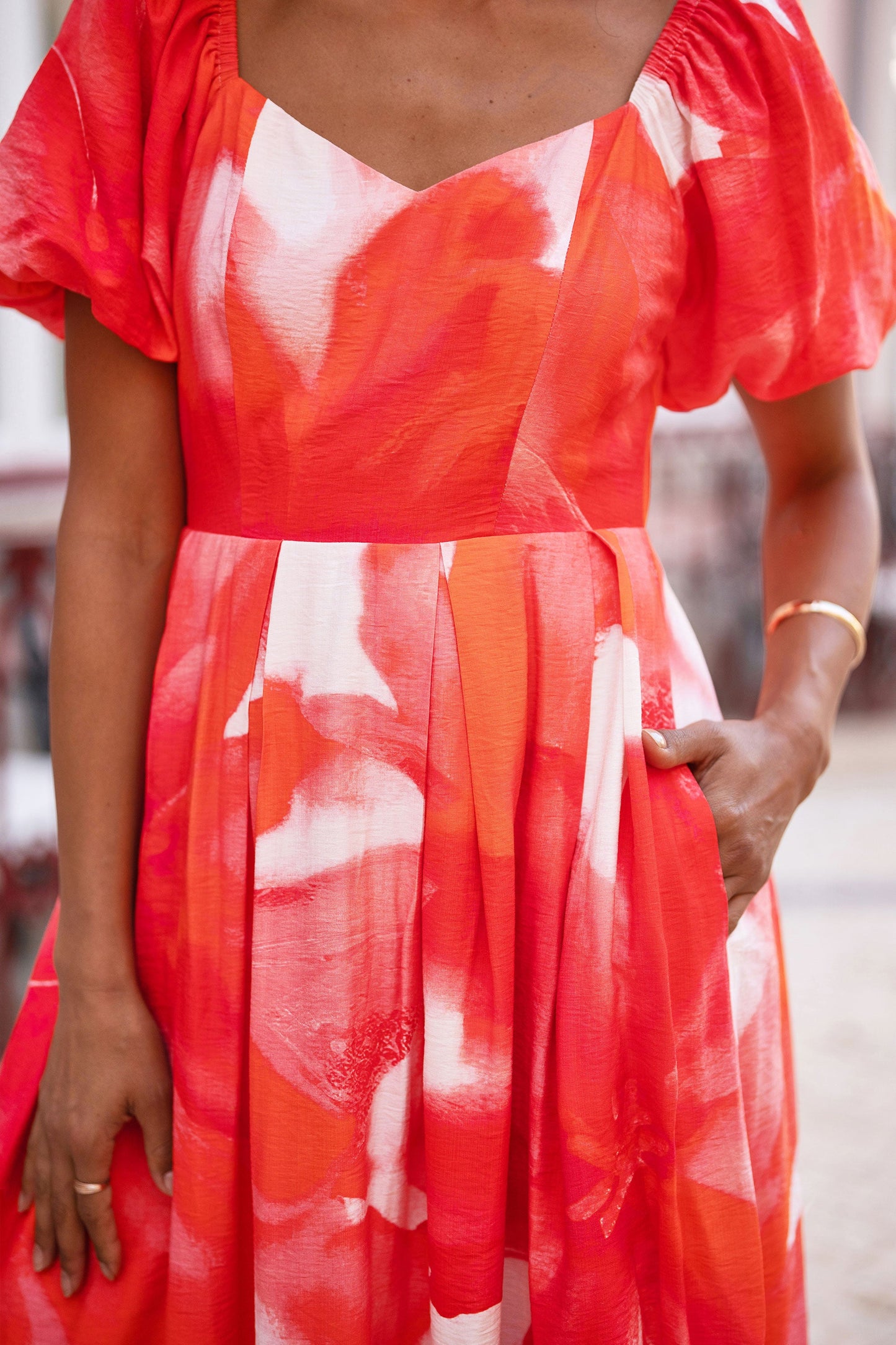 Red Viscose Floral Midi Dress With Puff Sleeves