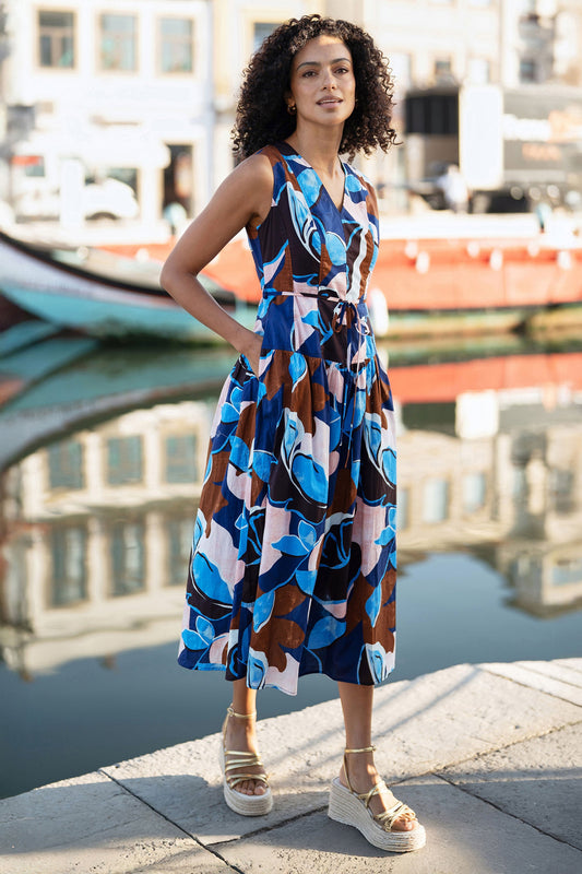 Blue Cotton Floral Abstract Dropped Waist Midi Dress