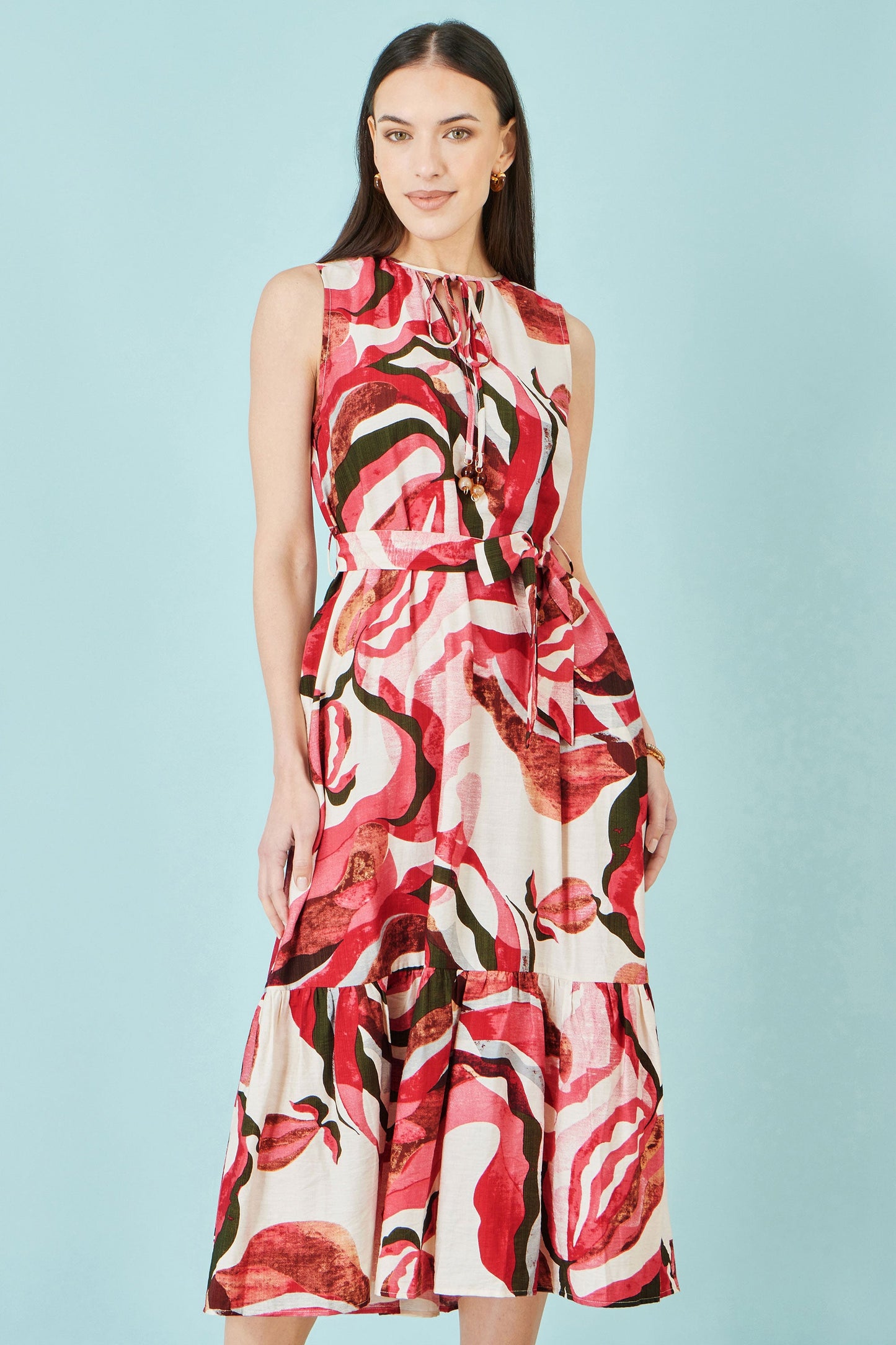 Pink and Red Viscose Swirl Print Midi Dress