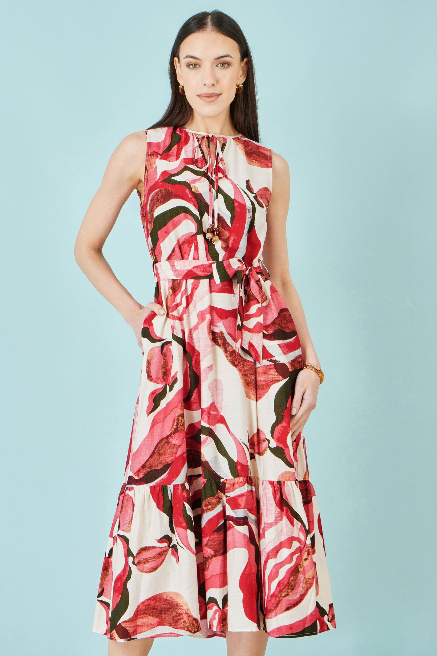 Pink and Red Viscose Swirl Print Midi Dress
