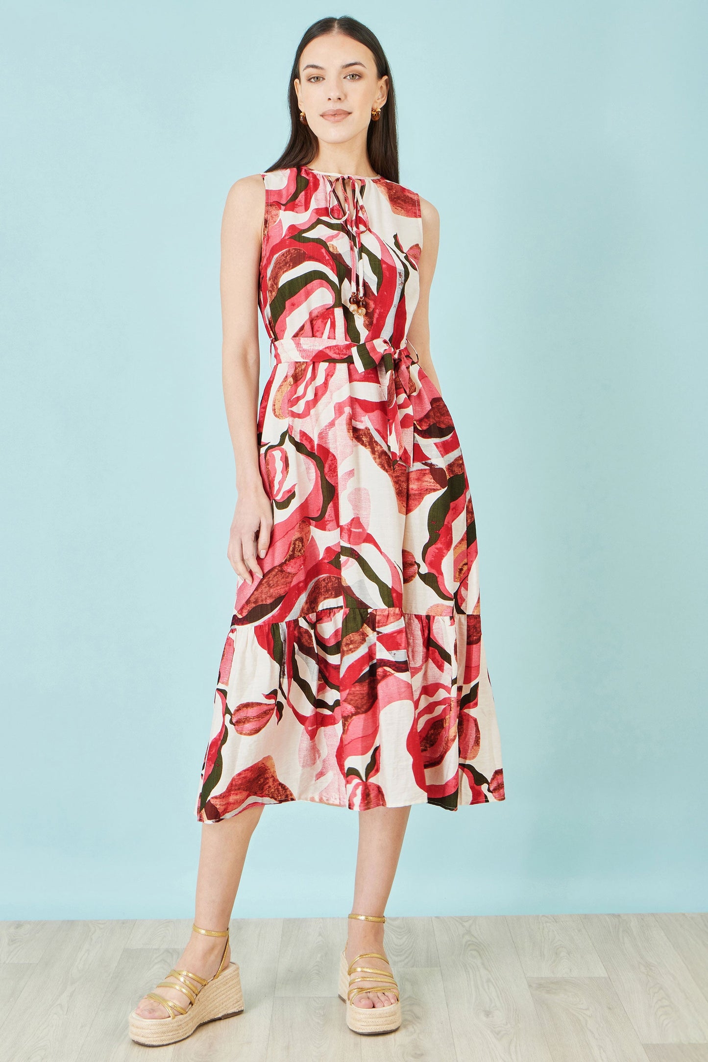 Pink and Red Viscose Swirl Print Midi Dress
