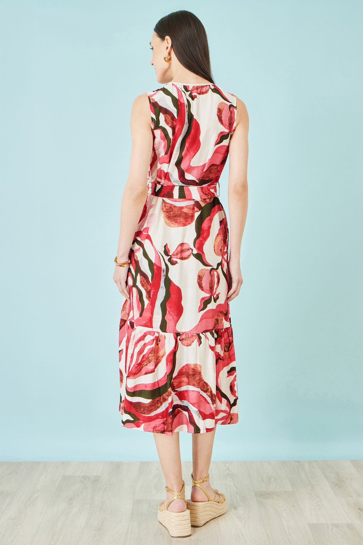 Pink and Red Viscose Swirl Print Midi Dress