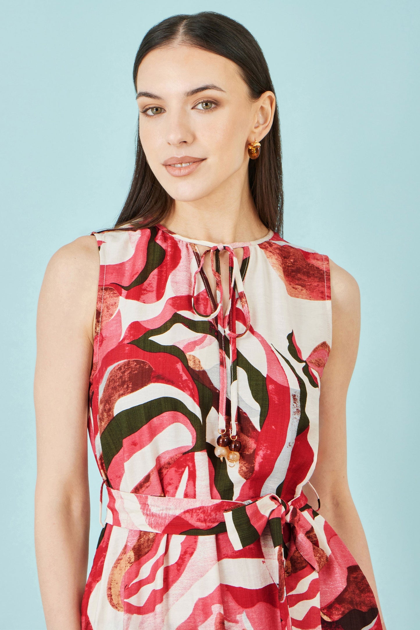 Pink and Red Viscose Swirl Print Midi Dress