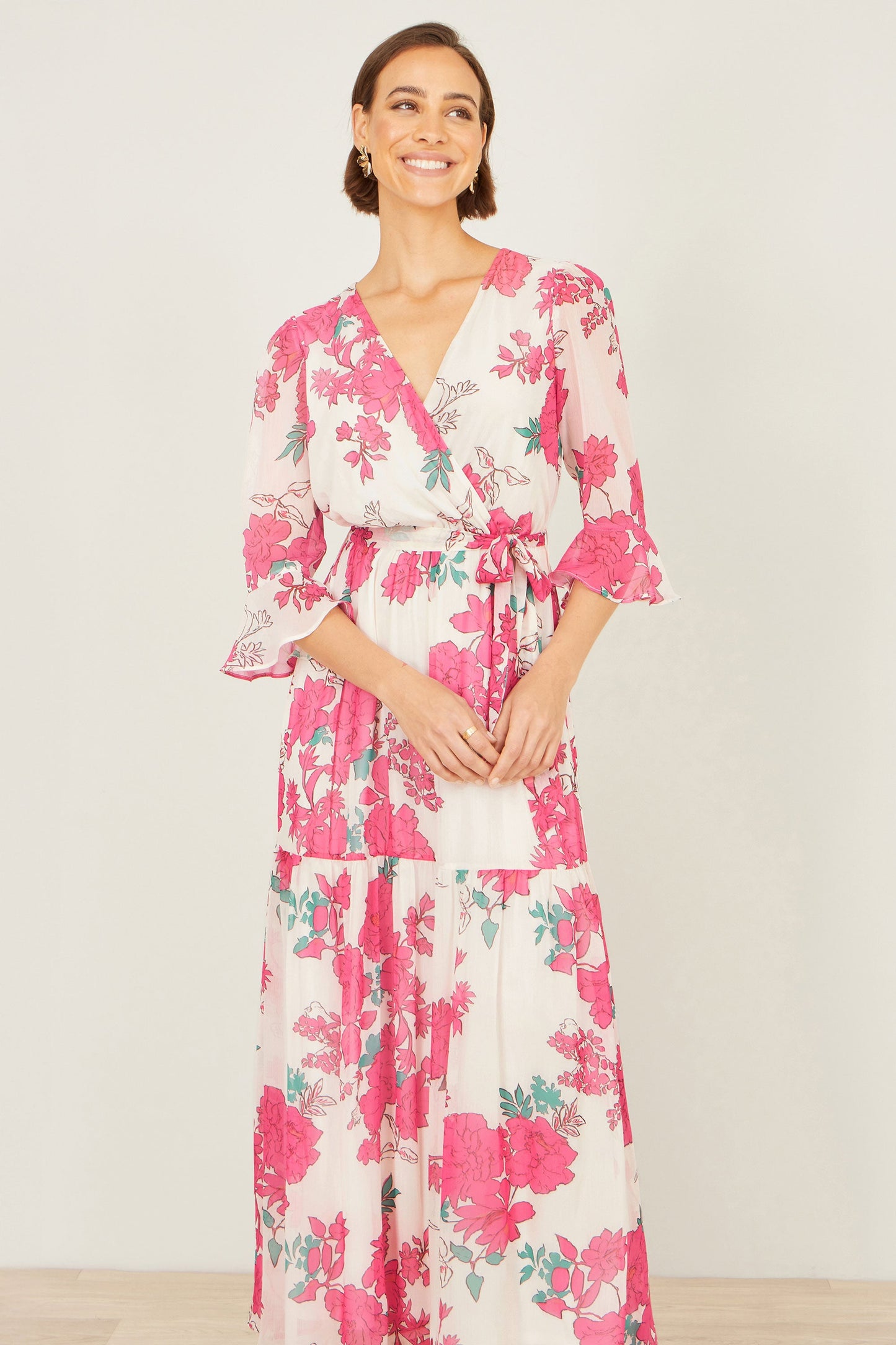 Pink Blossom Print Maxi Wrap Dress