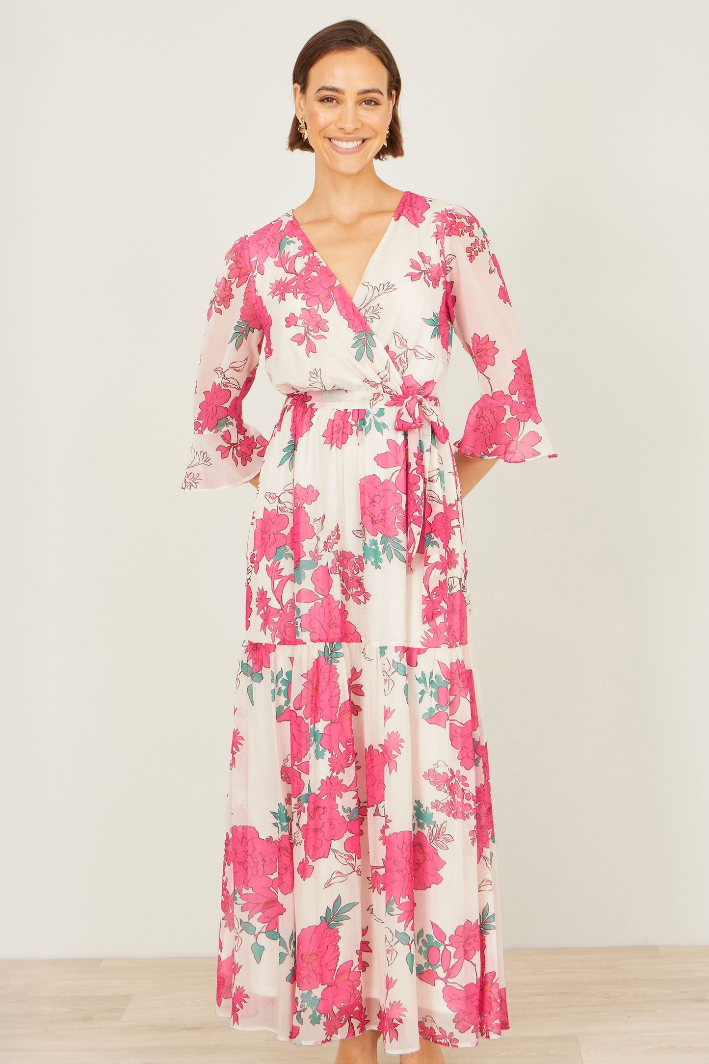 Pink Blossom Print Maxi Wrap Dress