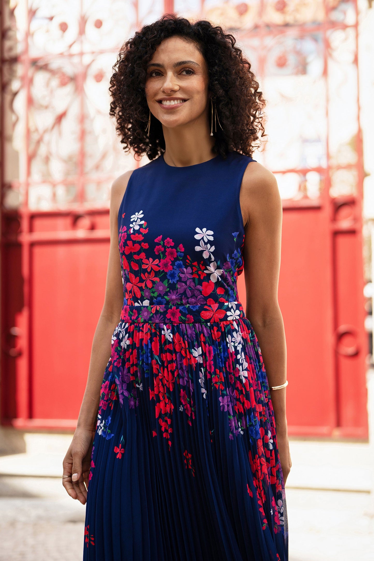 Navy Border Floral Print Midi Dress With Pleats