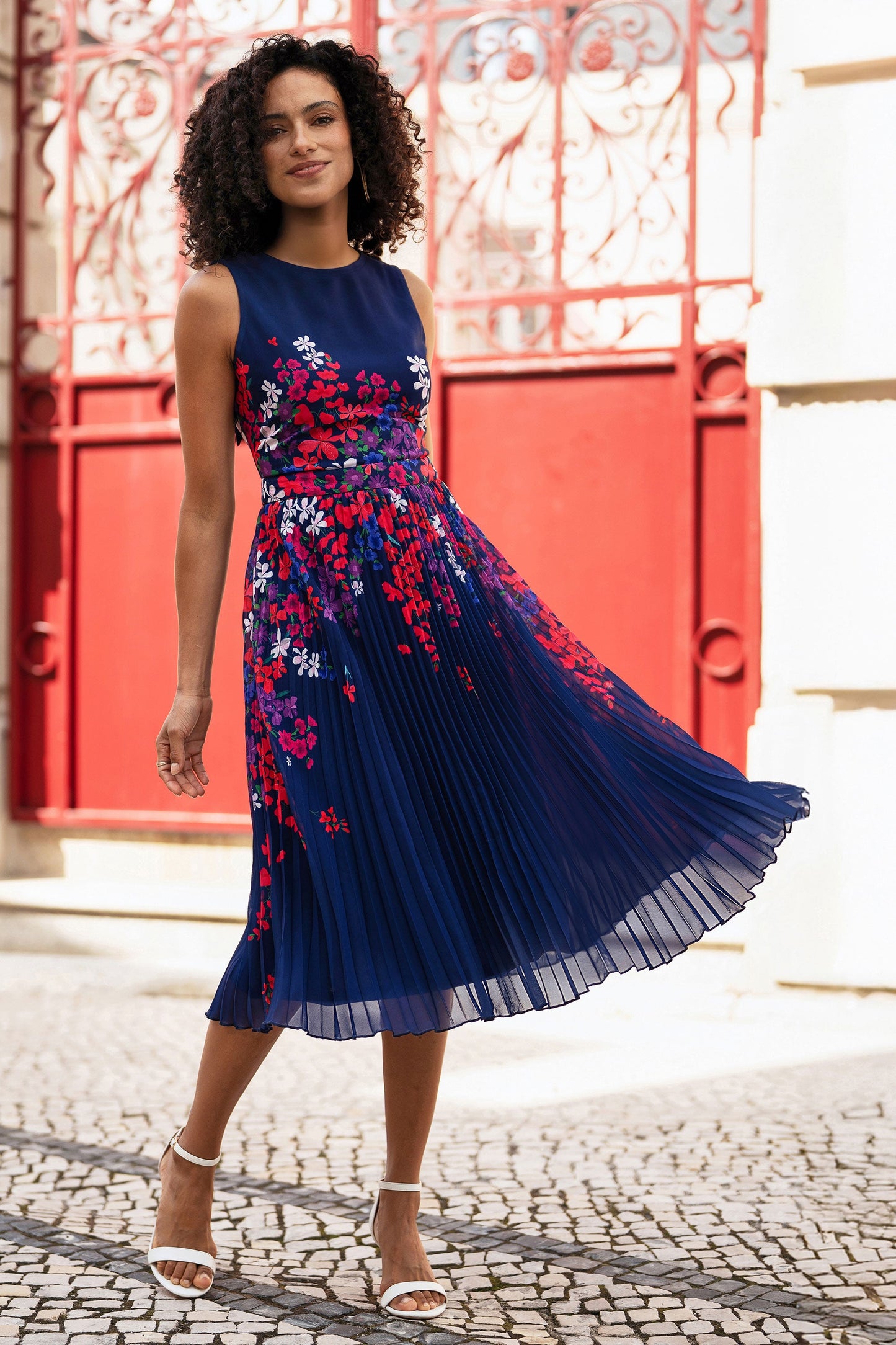 Navy Border Floral Print Midi Dress With Pleats