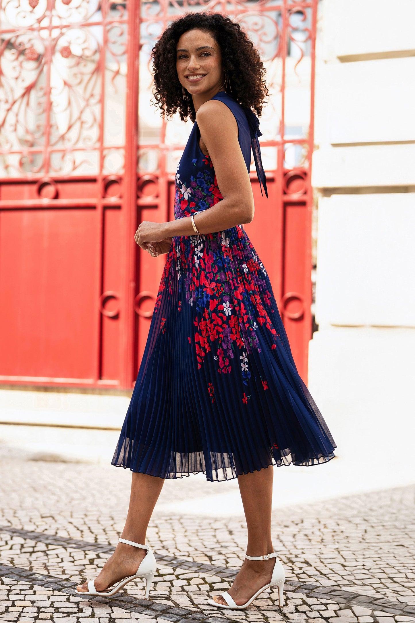 Navy Border Floral Print Midi Dress With Pleats