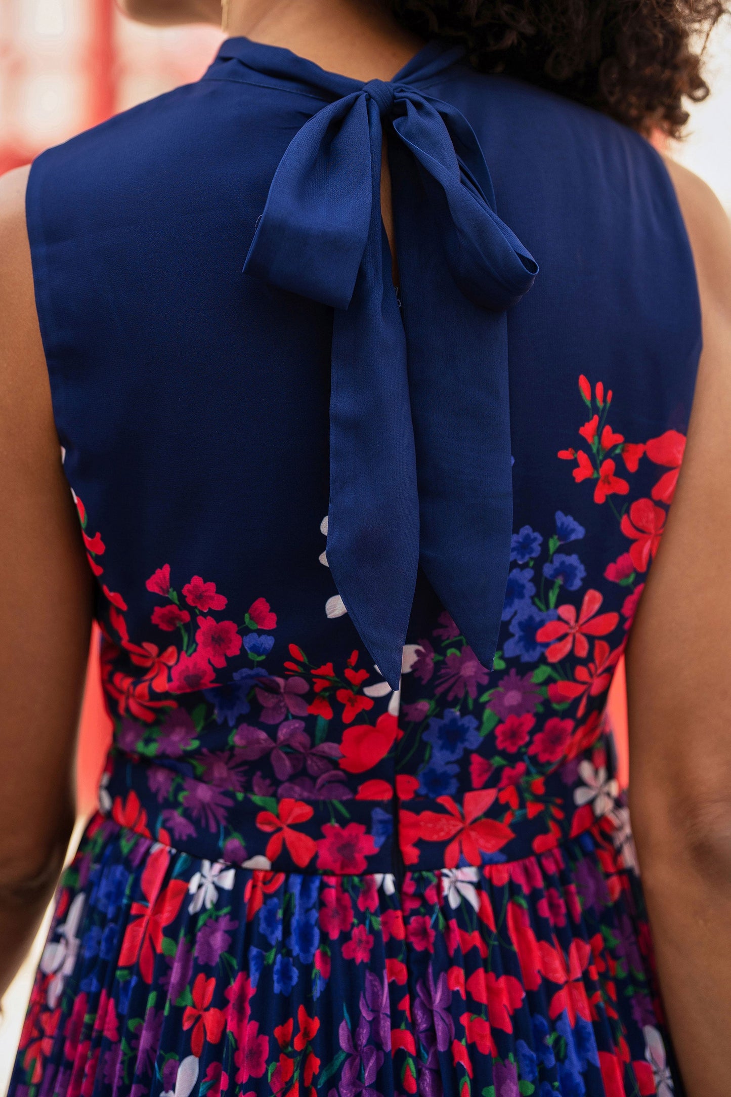 Navy Border Floral Print Midi Dress With Pleats