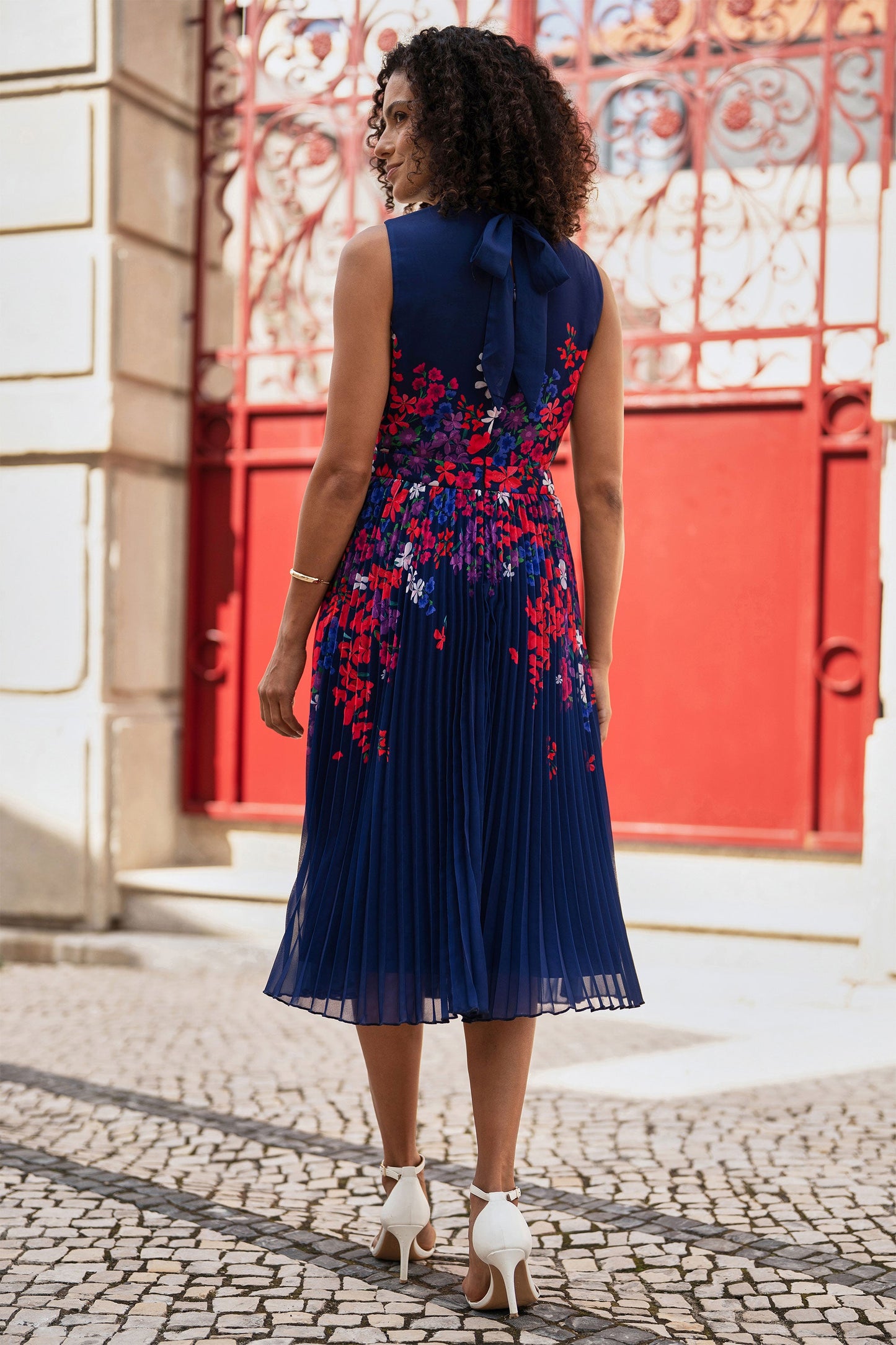 Navy Border Floral Print Midi Dress With Pleats