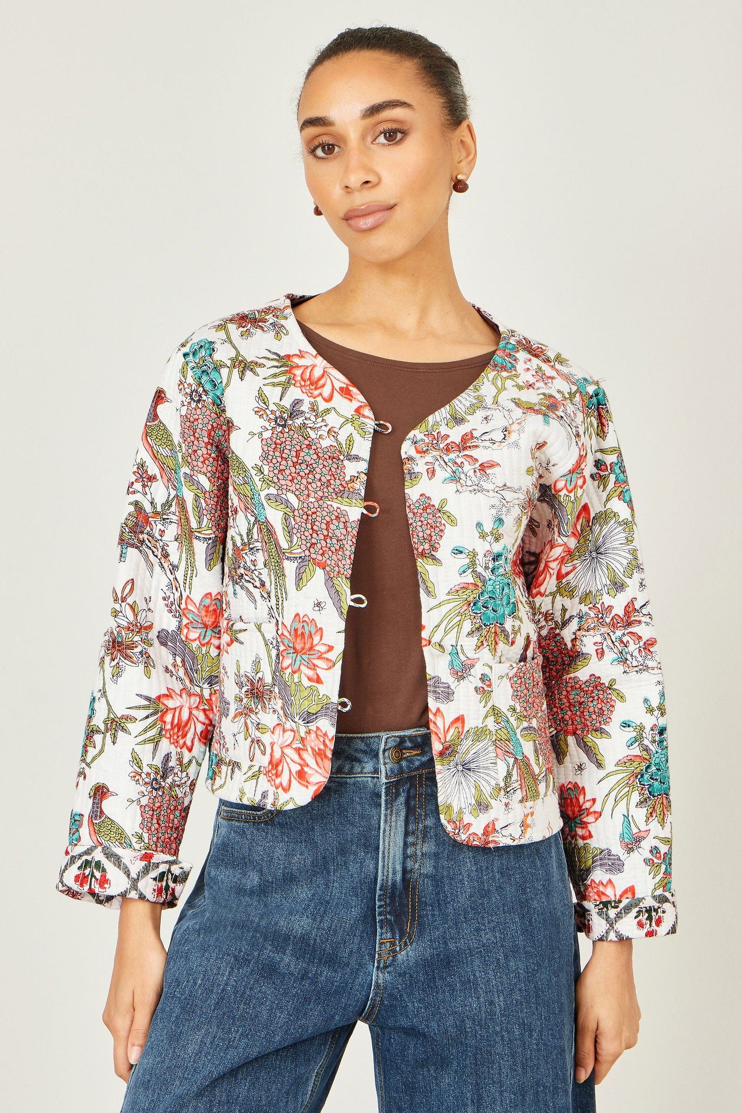 White Peacock Print Reversible Cotton Quilted Jacket