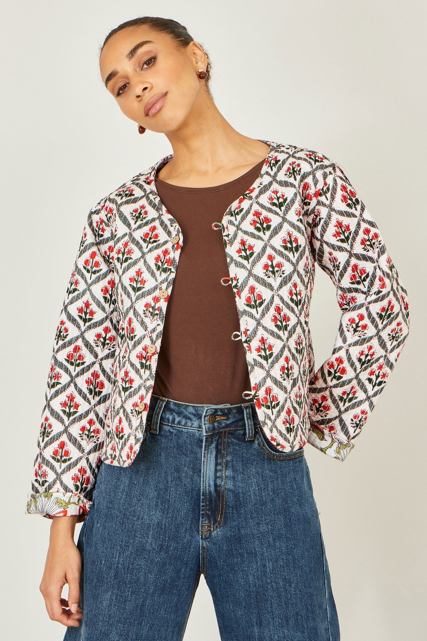 White Peacock Print Reversible Cotton Quilted Jacket