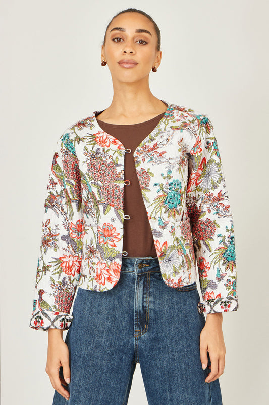 White Peacock Print Reversible Cotton Quilted Jacket