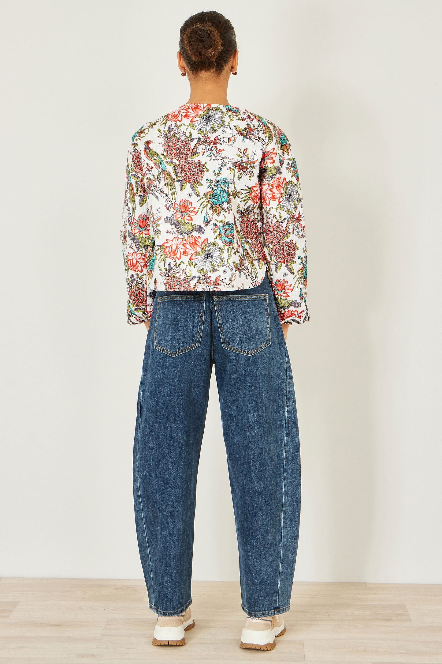 White Peacock Print Reversible Cotton Quilted Jacket