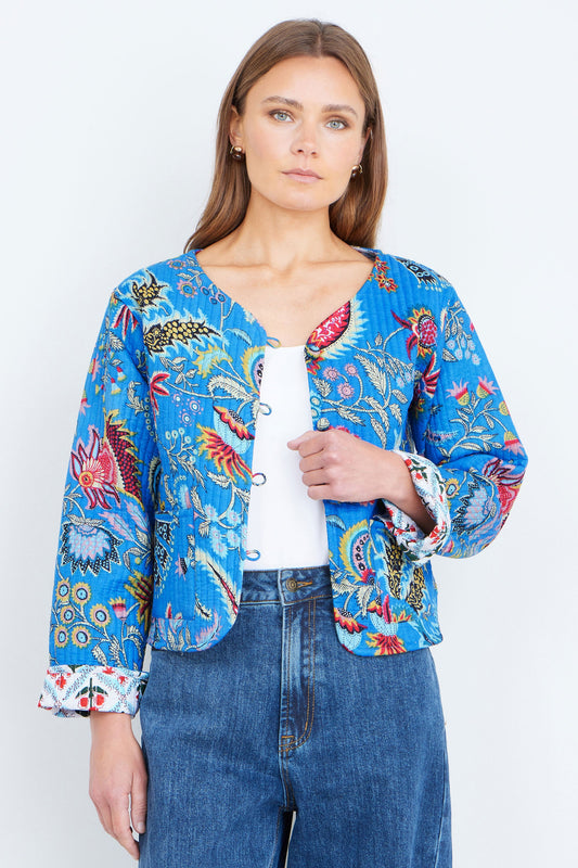 Blue Boho Print Cotton Reversible Quilted Jacket
