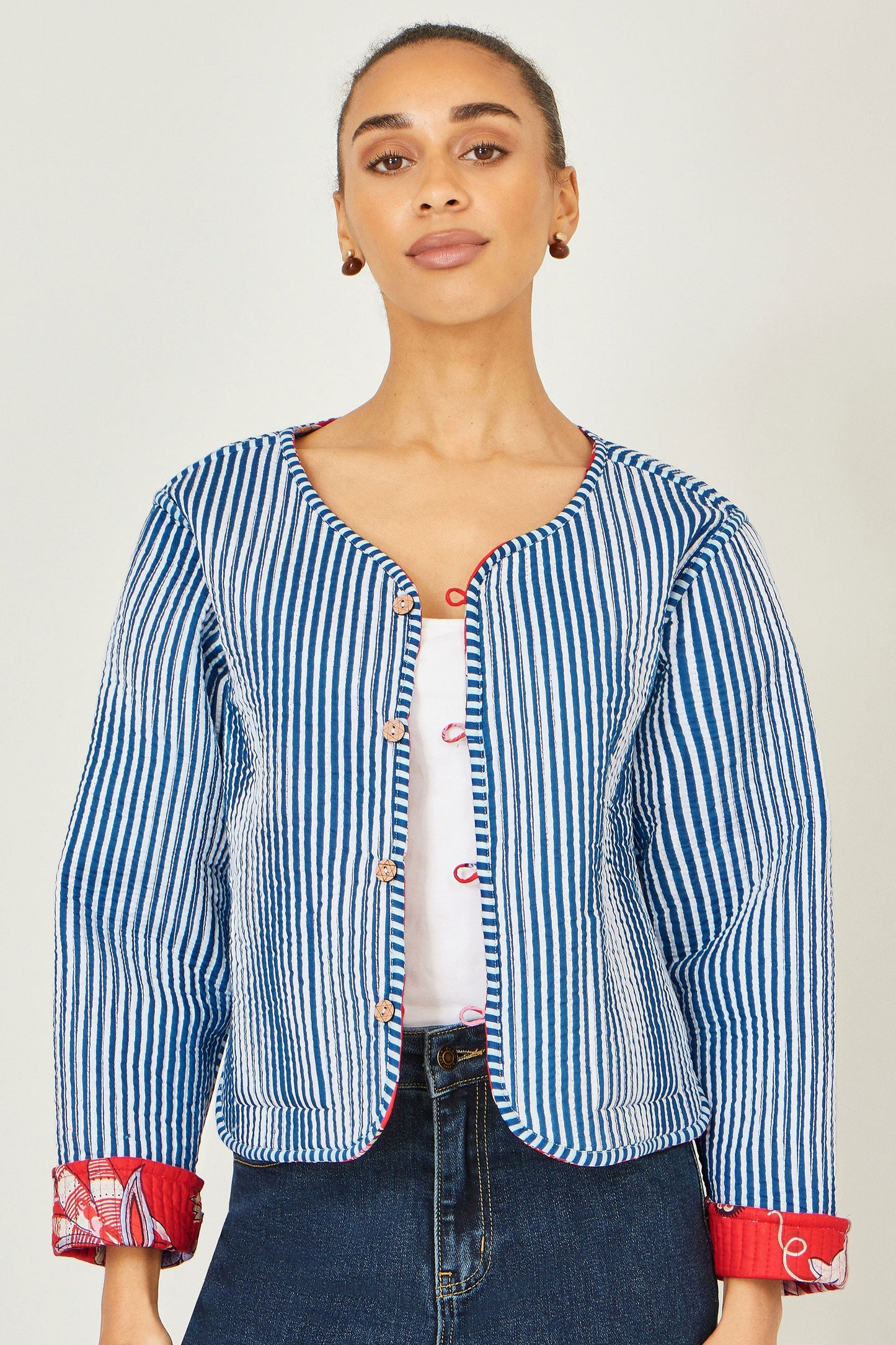 Red Boho Print Cotton Reversible Quilted Jacket