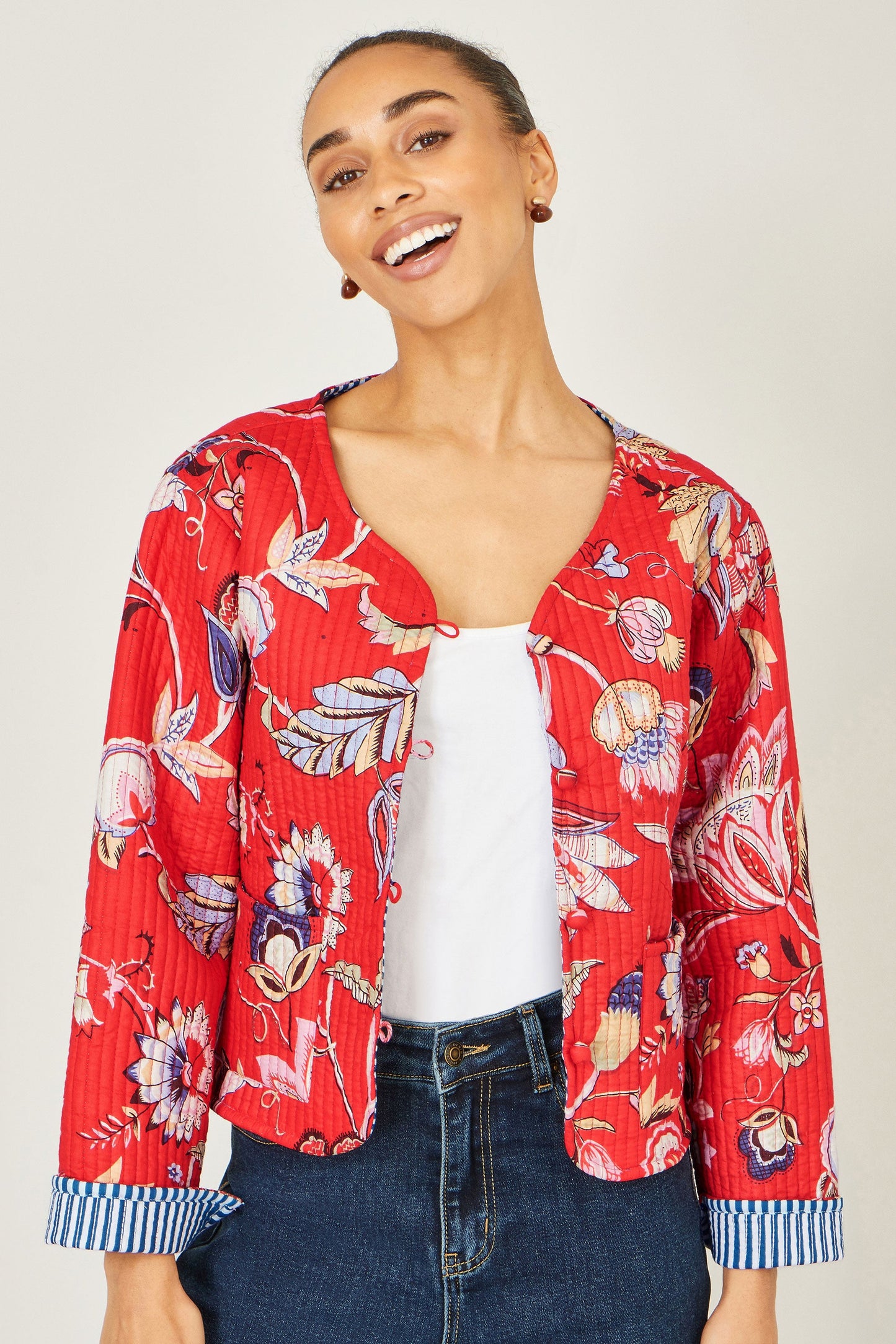 Red Boho Print Cotton Reversible Quilted Jacket