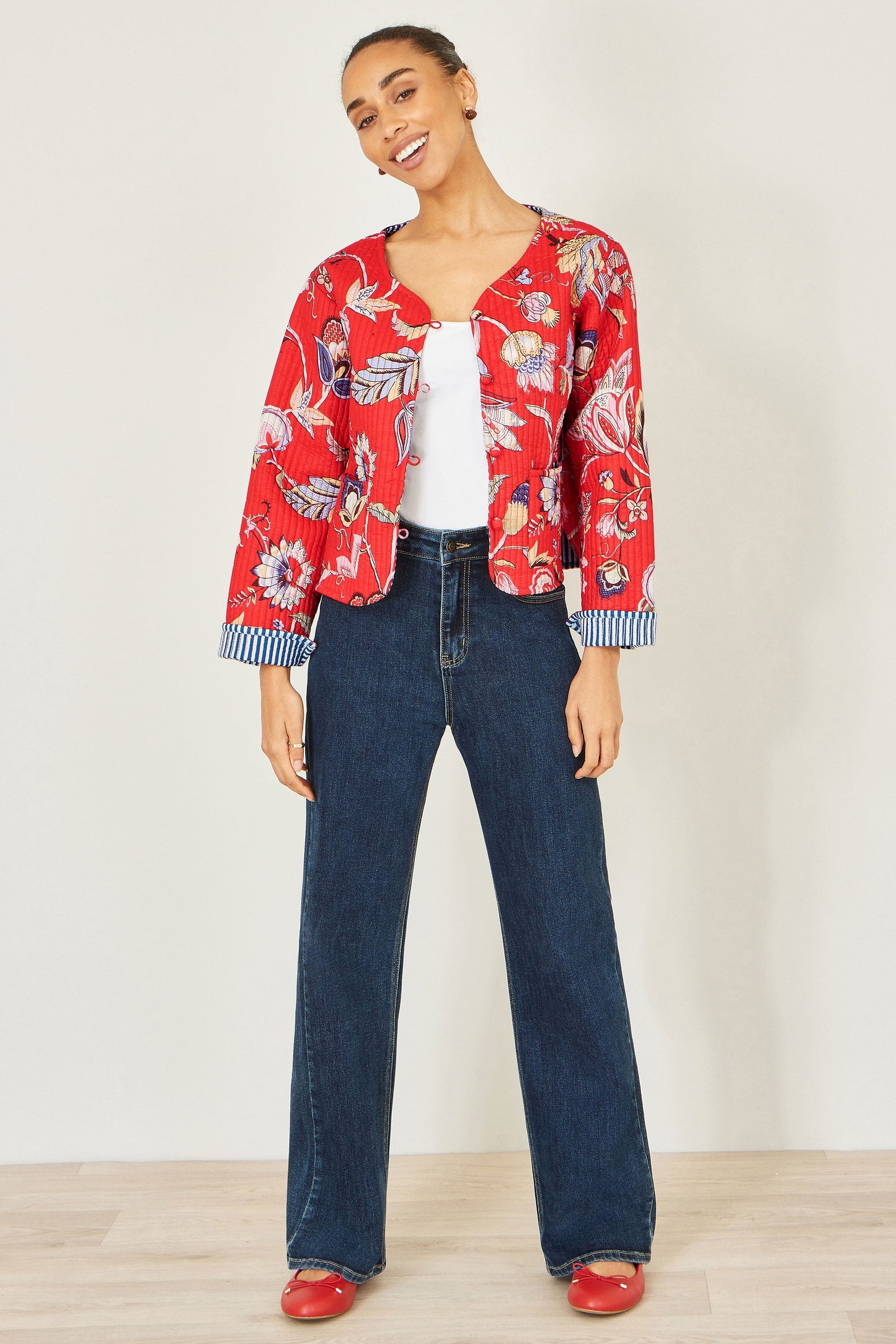 Red Boho Print Cotton Reversible Quilted Jacket