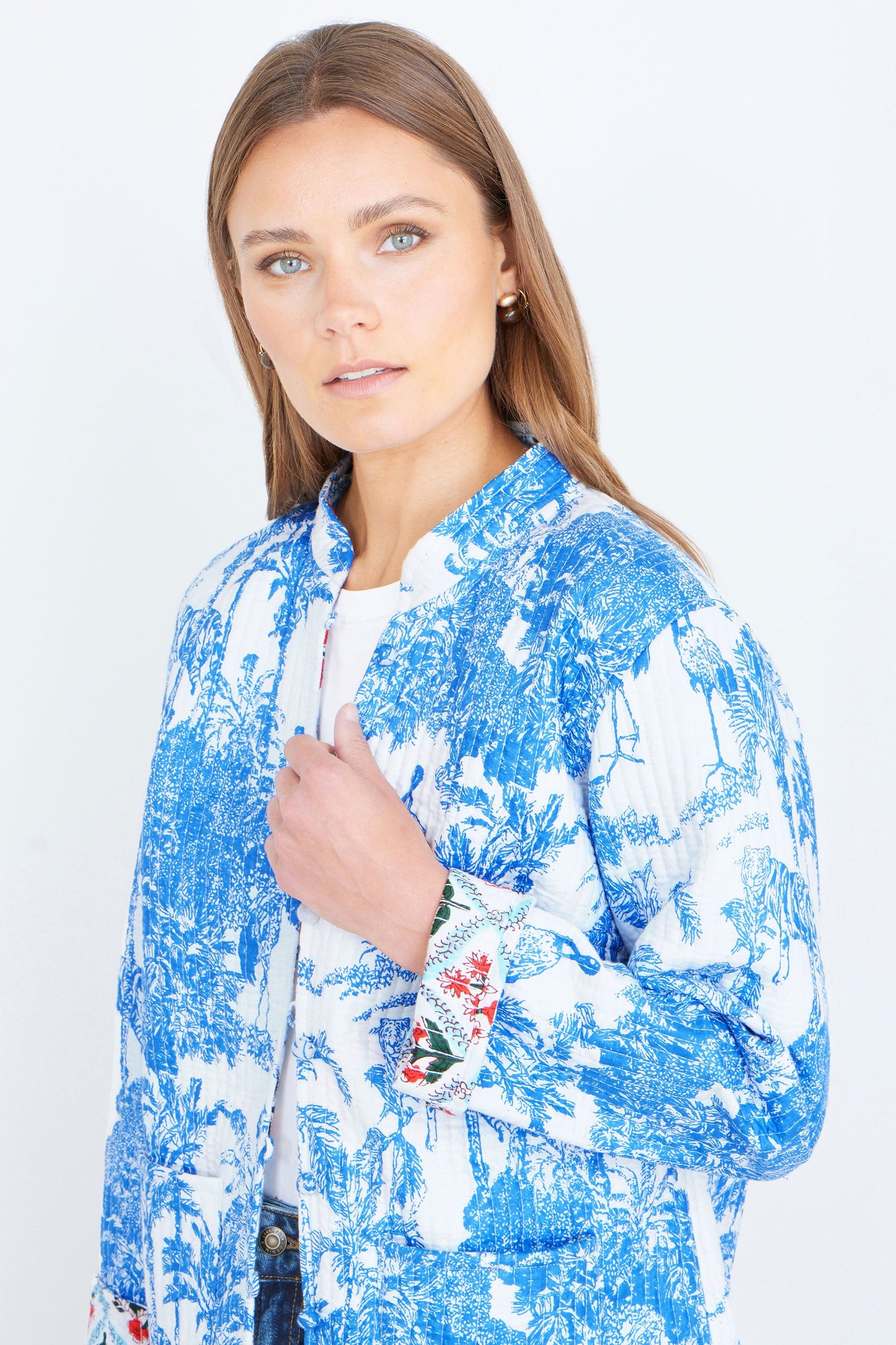 Blue Palm Reversible Cotton Quilted Jacket