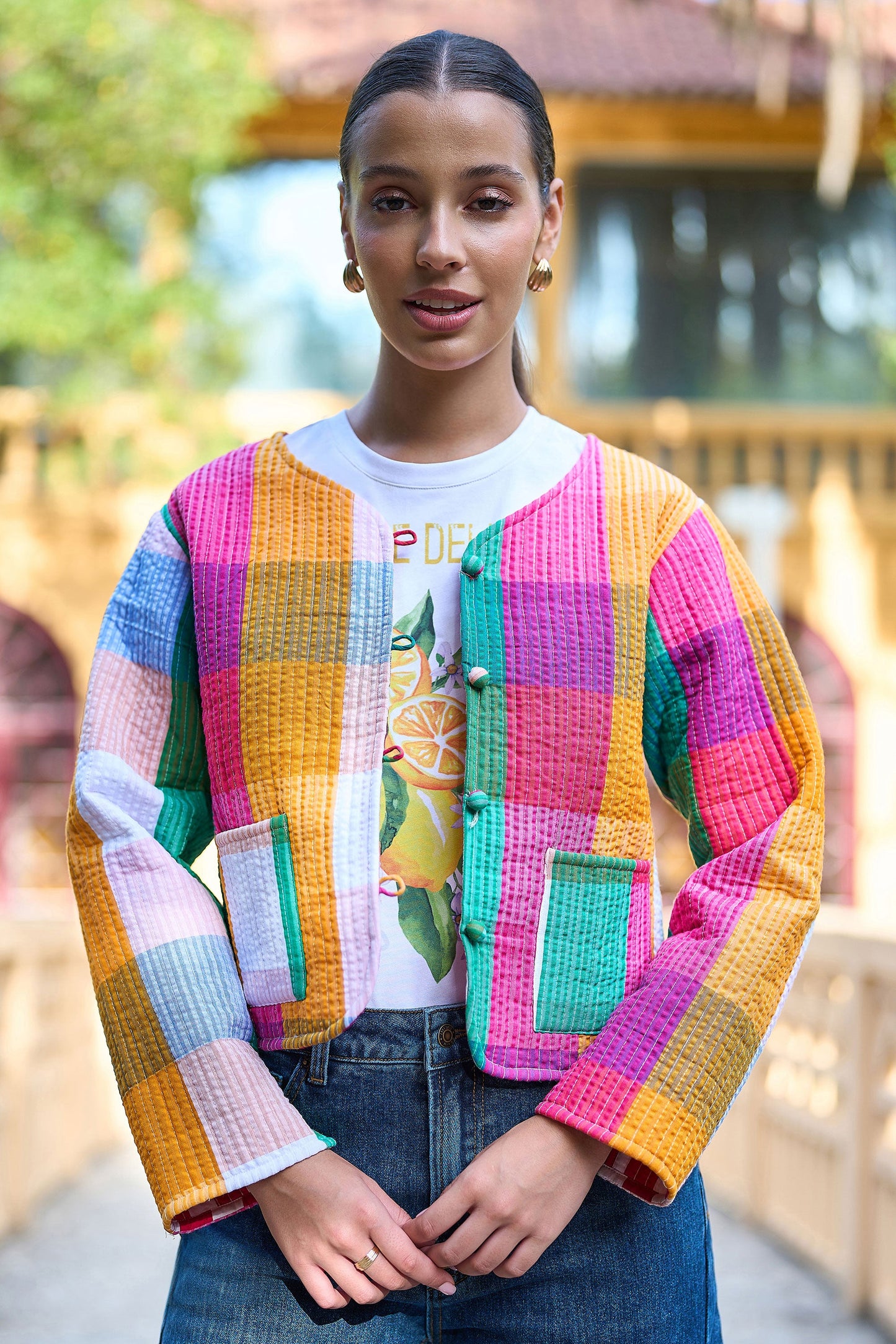 Multicolour Checked Cropped Reversible Cotton Quilted Jacket