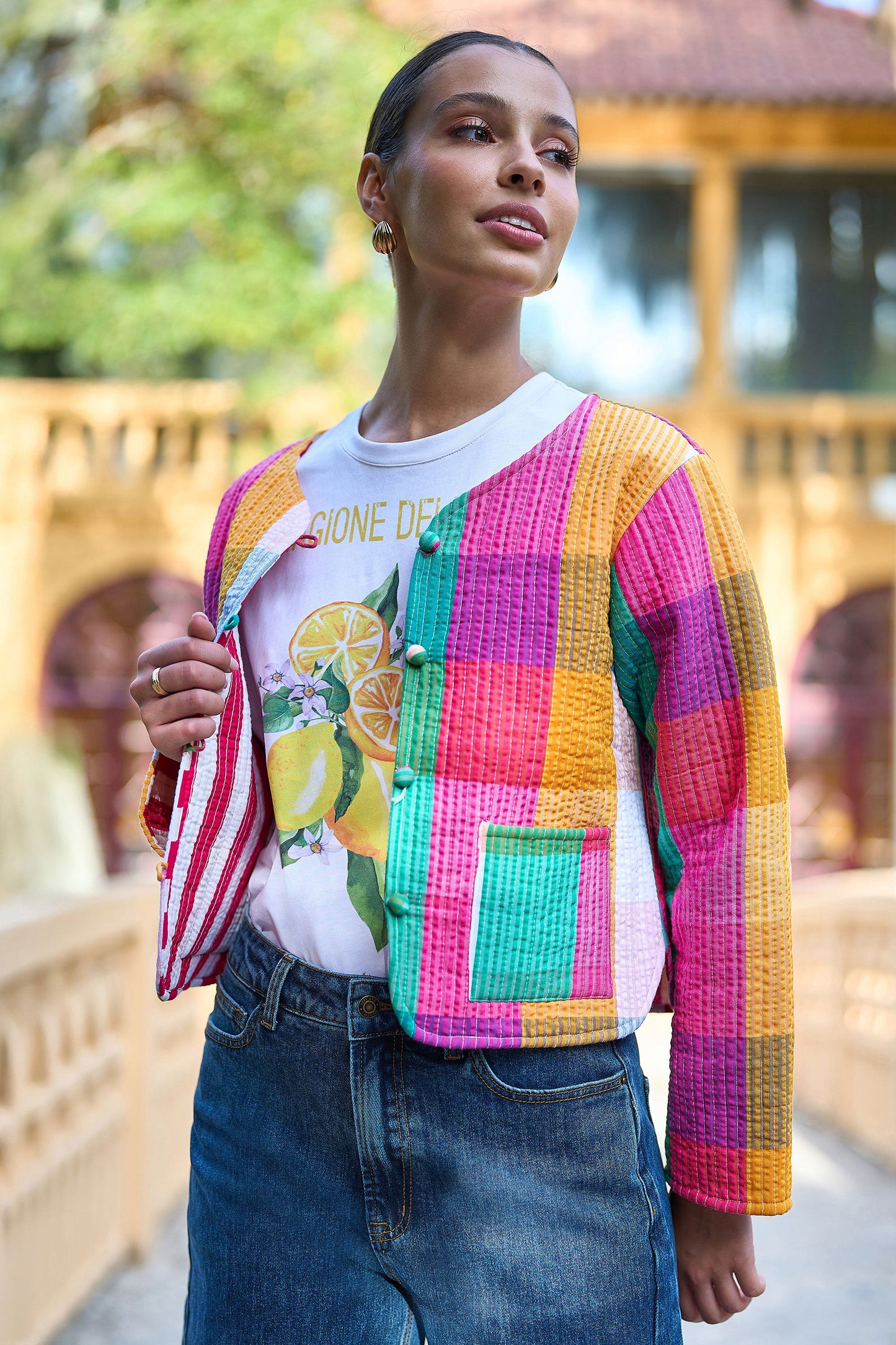 Multicolour Checked Cropped Reversible Cotton Quilted Jacket