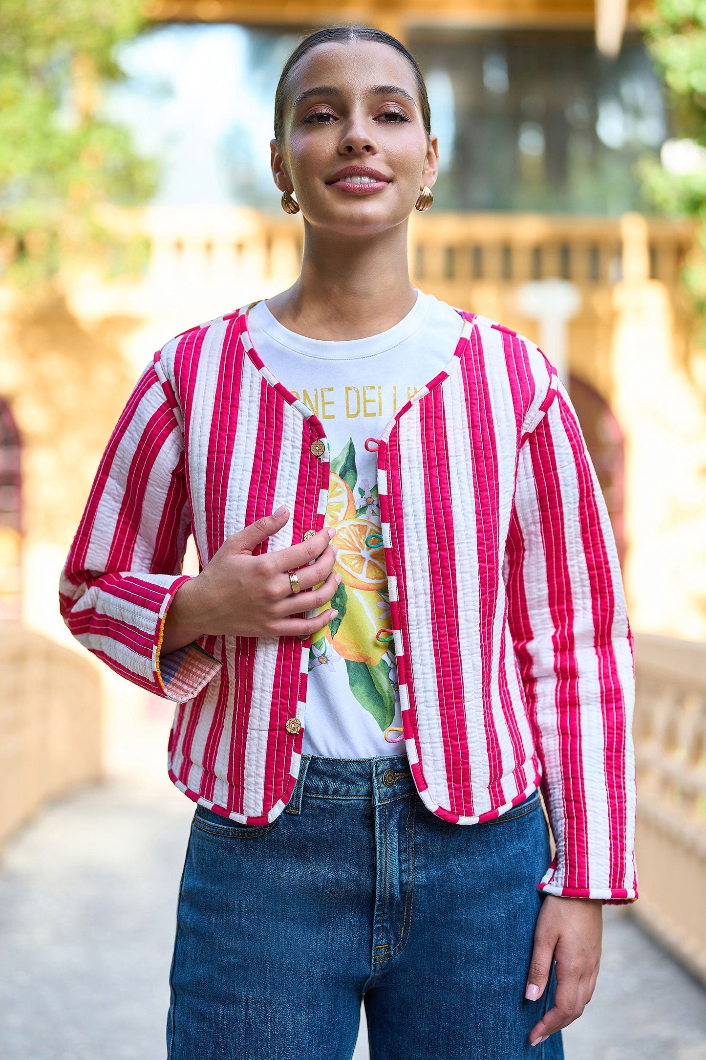 Multicolour Checked Cropped Reversible Cotton Quilted Jacket