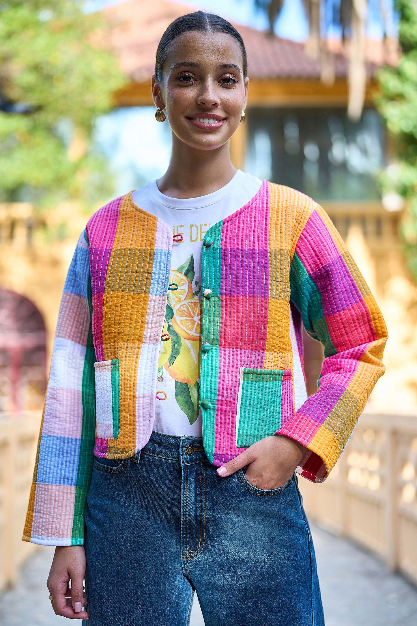 Multicolour Checked Cropped Reversible Cotton Quilted Jacket