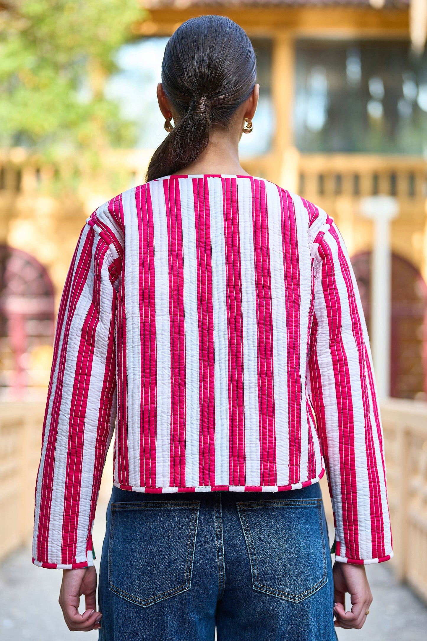 Multicolour Checked Cropped Reversible Cotton Quilted Jacket